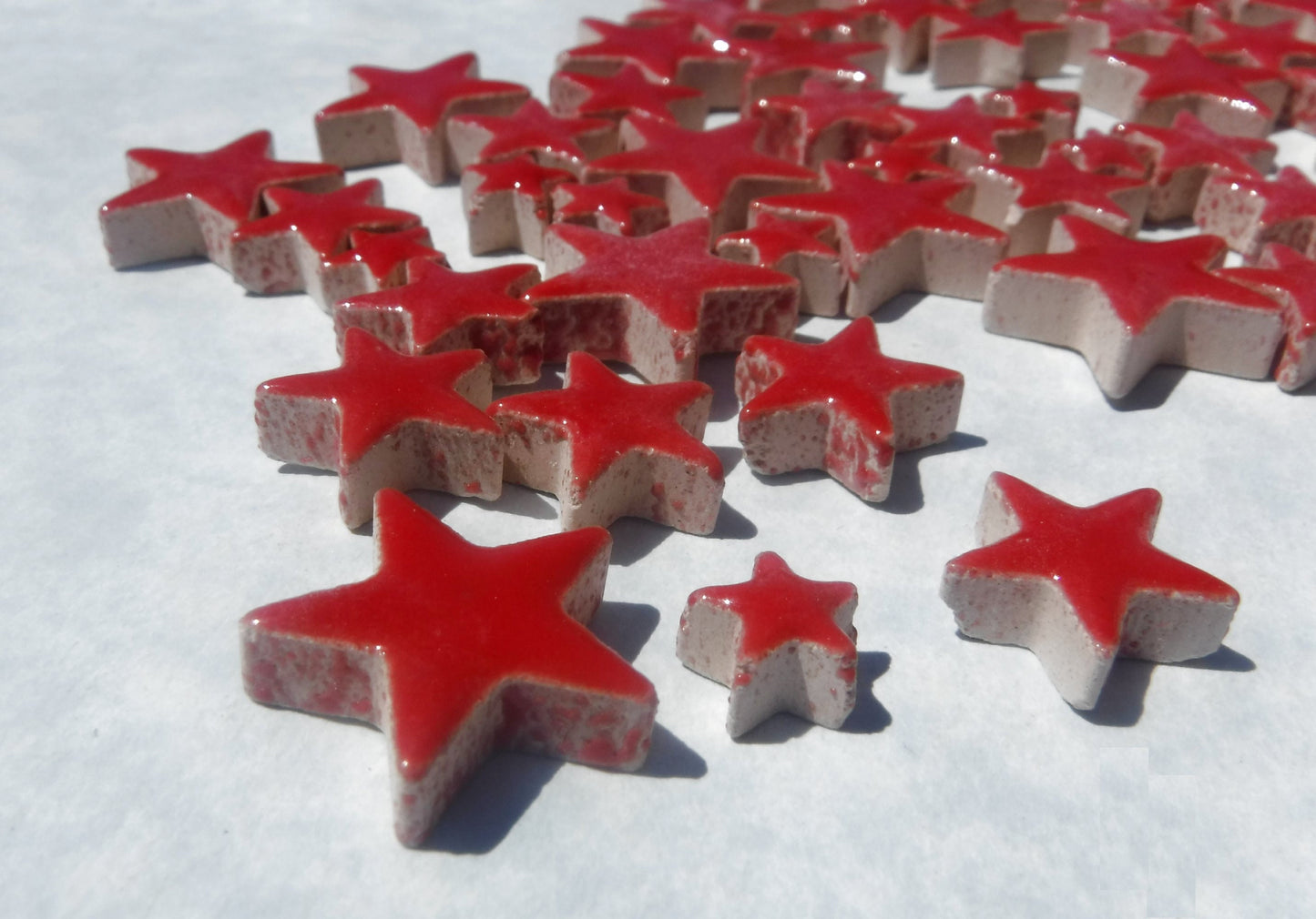 Red Stars Mosaic Tiles - 50g Ceramic in Mix of 3 Sizes - 20mm, 15mm, 10mm - Poppy Red