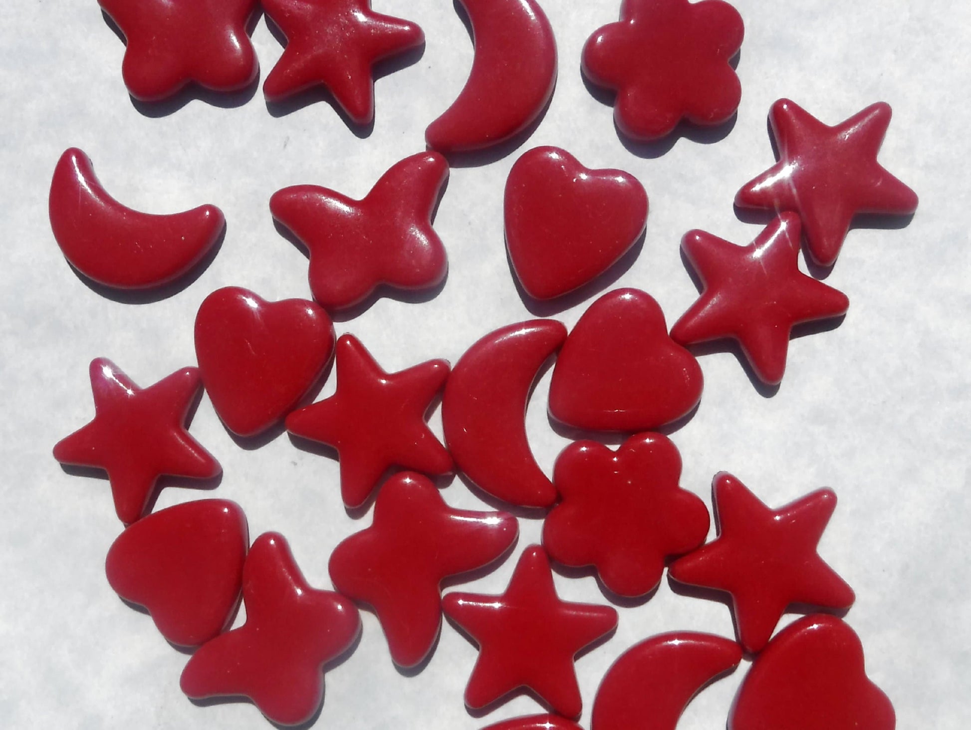 Red Glass Shapes - Stars Flowers Butterflies Hearts and Moons - Opaque Charms - 50g