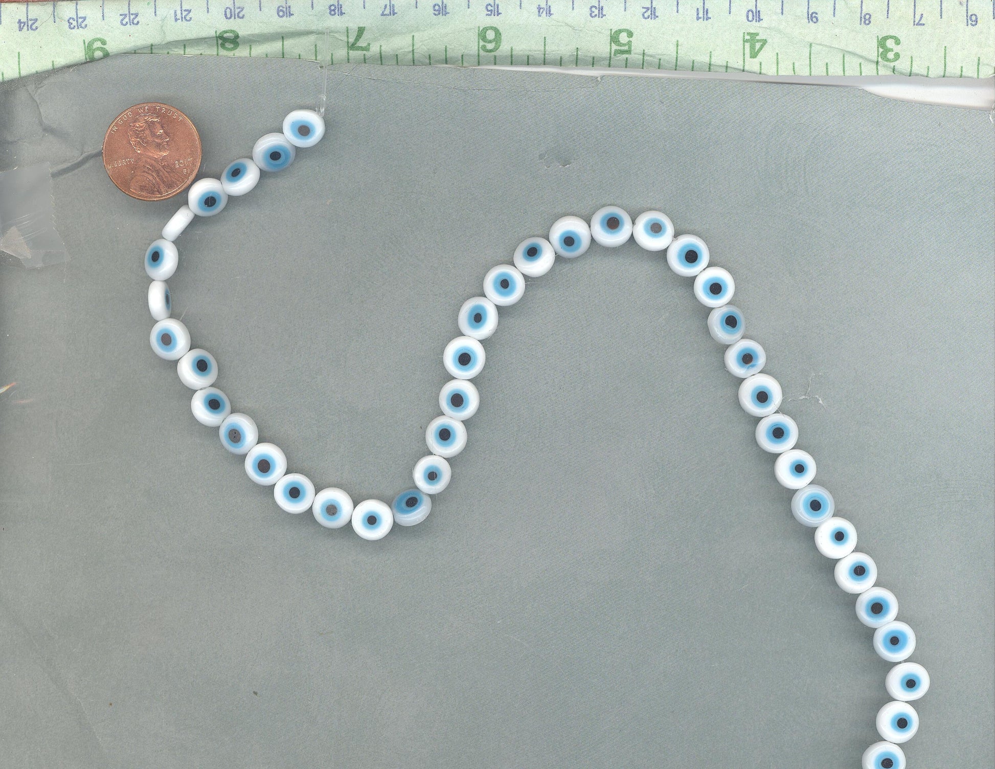 White with Blue Evil Eye Glass Beads - Small 8mm - Use in Mosaics - Supplies to Create Glass Jewelry Round Flat Beads