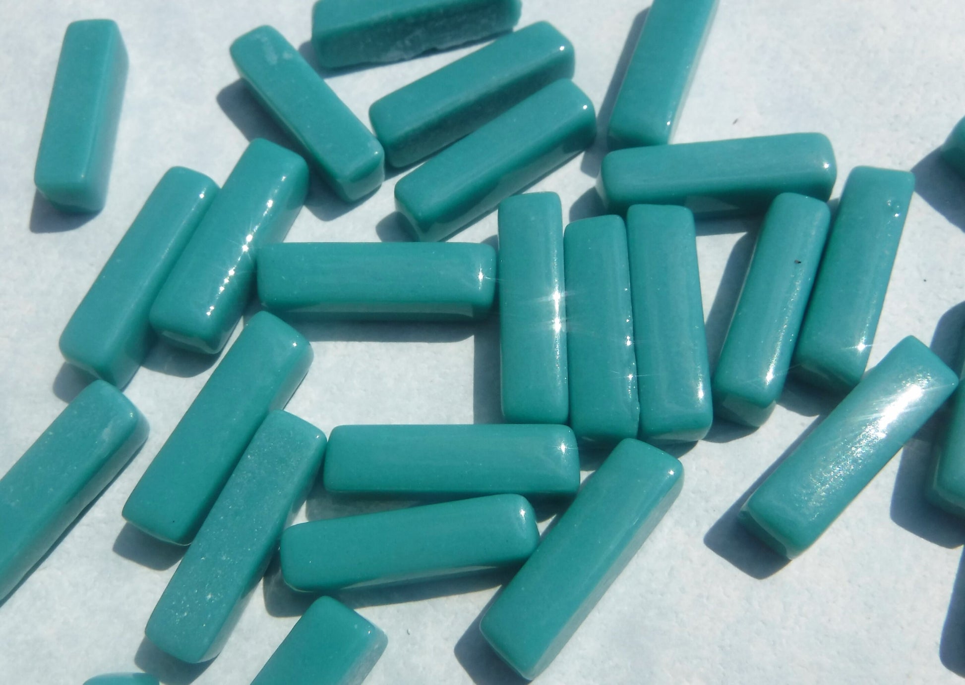 Turquoise Blue Rectangle Mosaic Tiles - 20mm Sticks - 50g Glass Bar Tiles - Approx 40 Tiles