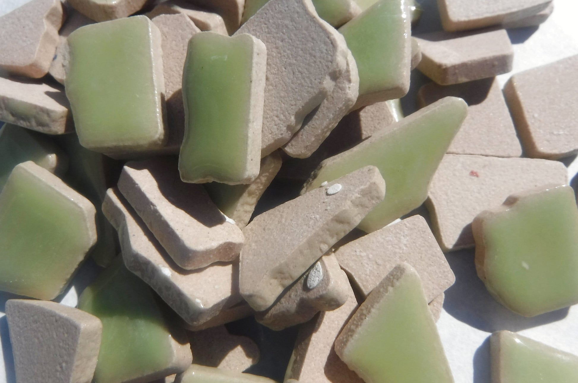 Pistachio Green Mosaic Ceramic Tiles - Jigsaw Puzzle Shaped Pieces - Half Pound - Assorted Sizes Random Shapes in Peppermint