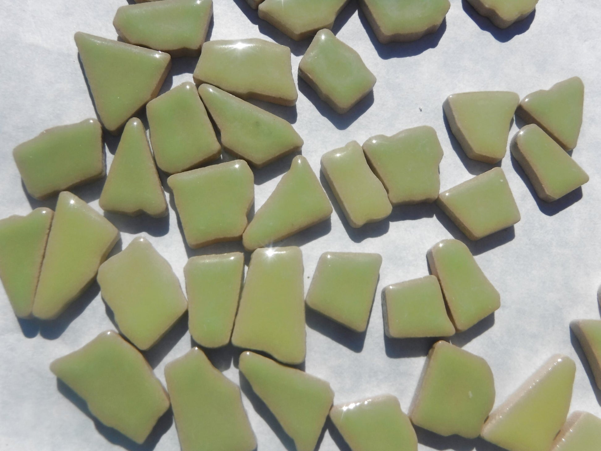 Pistachio Green Mosaic Ceramic Tiles - Jigsaw Puzzle Shaped Pieces - Half Pound - Assorted Sizes Random Shapes in Peppermint