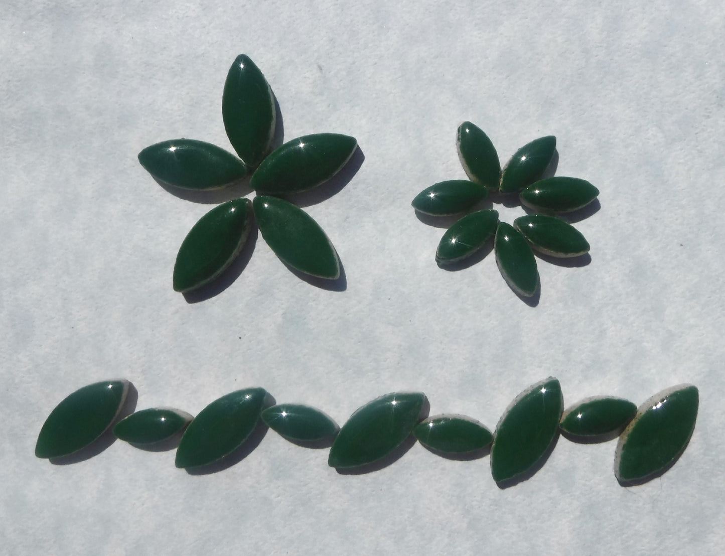 Deep Green Petals Mosaic Tiles - 50g Ceramic Leaves in Mix of 2 Sizes 1/2" and 3/4" - Pesto