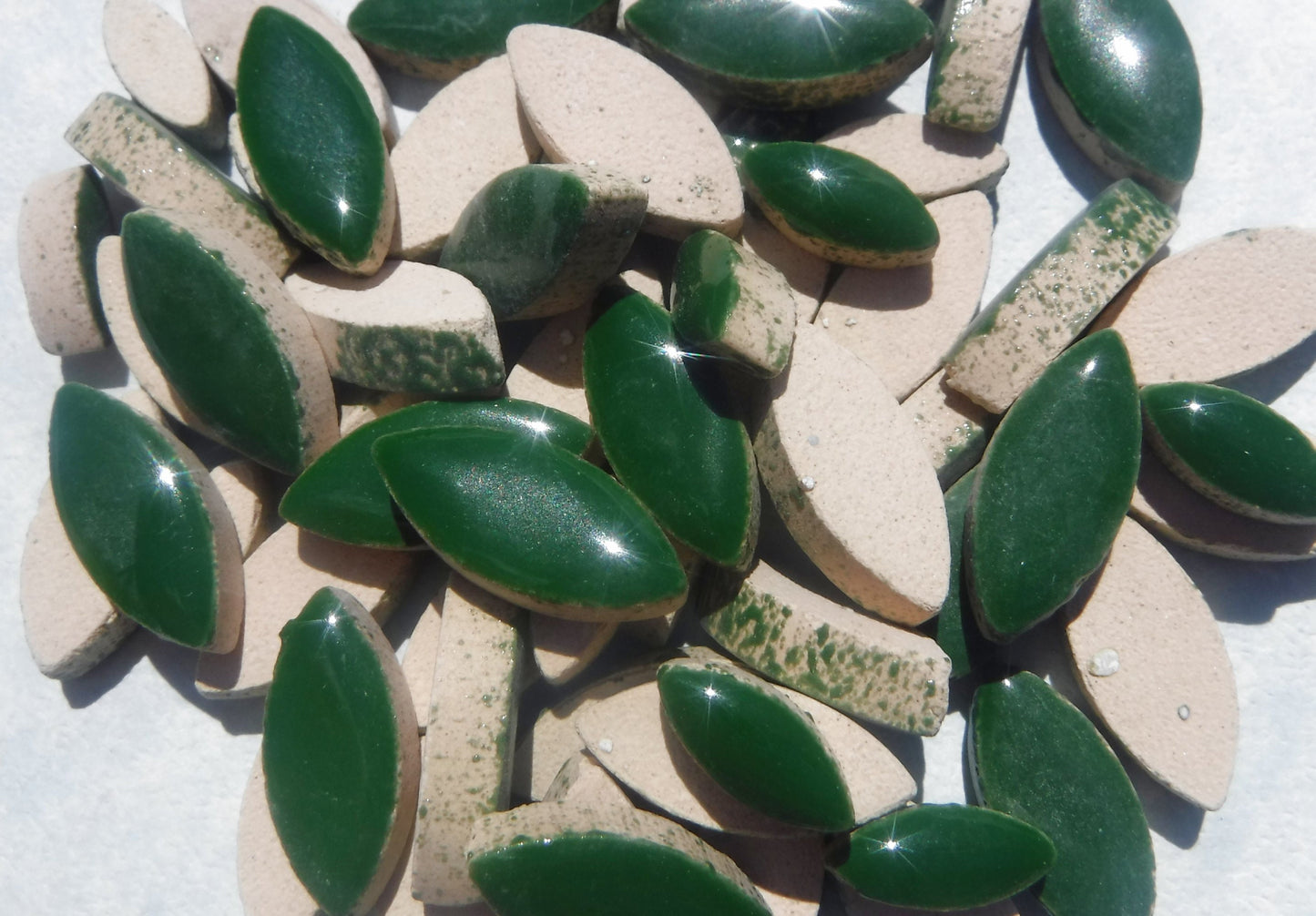 Deep Green Petals Mosaic Tiles - 50g Ceramic Leaves in Mix of 2 Sizes 1/2" and 3/4" - Pesto