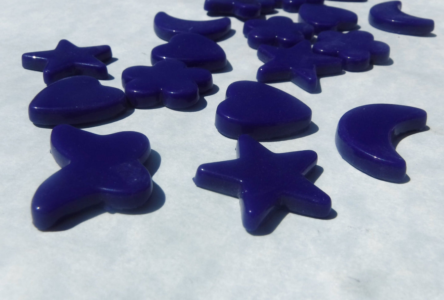 Dark Blue Glass Shapes - Stars Flowers Butterflies Hearts and Moons - Opaque Charms - 50g in Indigo