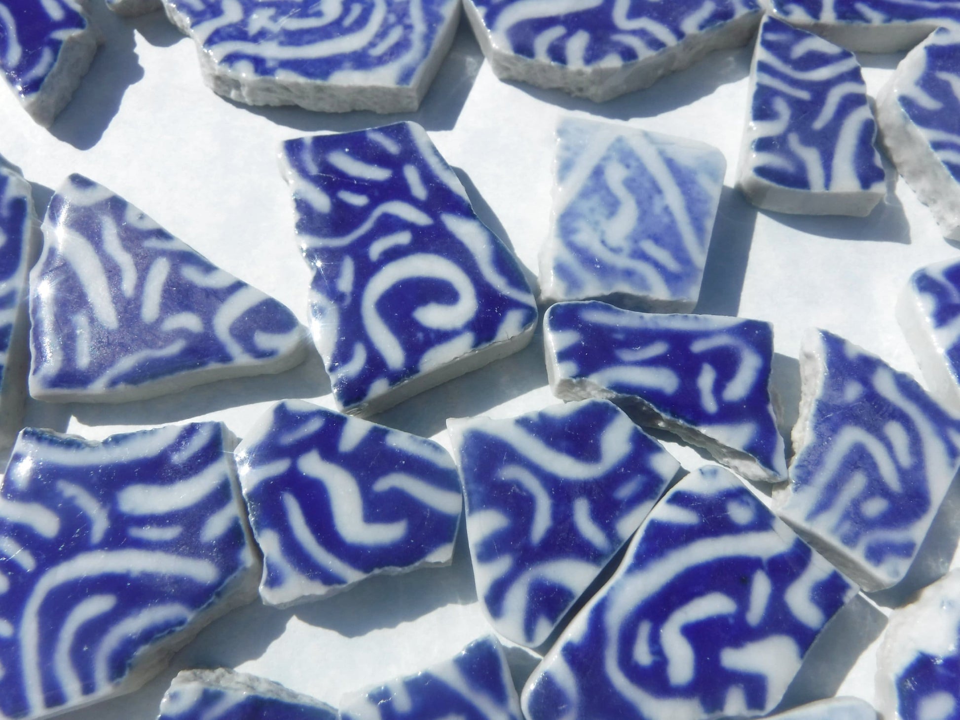 White Squiggles on Deep Blue Chunky Porcelain Mosaic Tiles - Half Pound