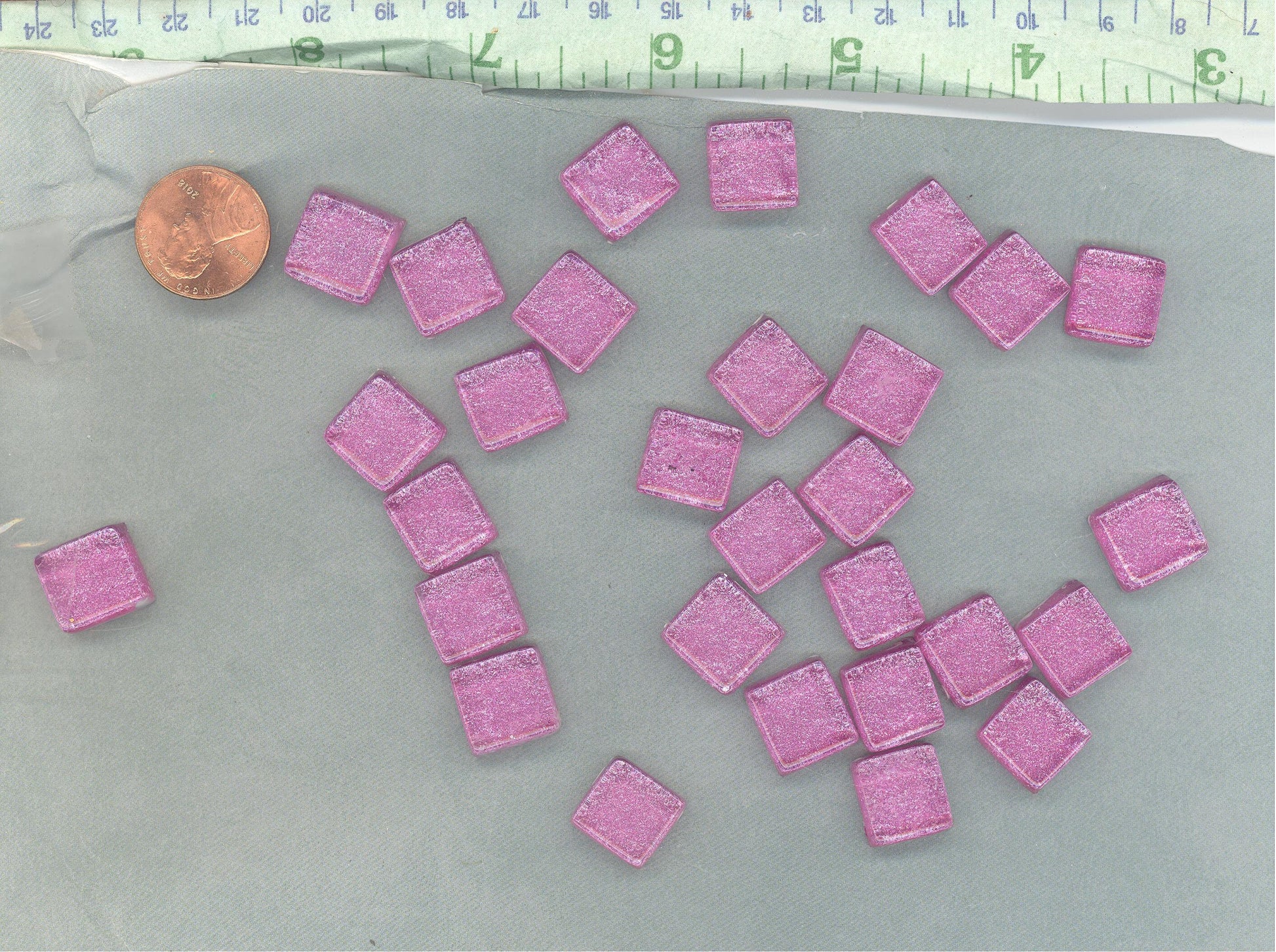 Hot Pink Foil Square Crystal Tiles - 12mm - 50g Metallic Glass Tiles in Deep Cotton Candy Pink - Approx 25 Tiles