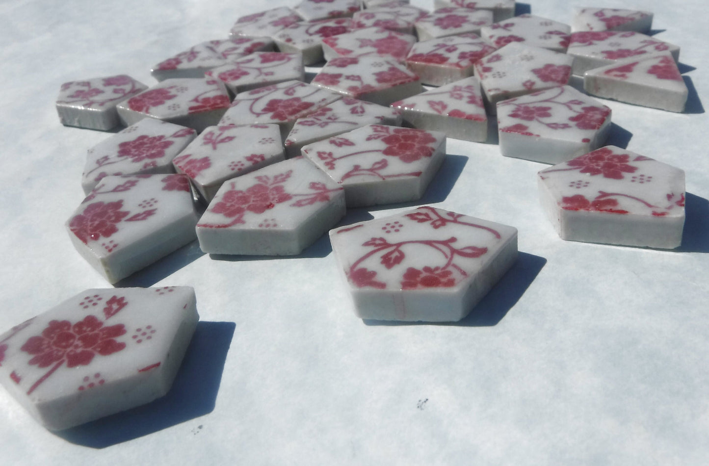 Red and White Dainty Flowers - Chunky Mosaic Porcelain Tiles - Half Pound