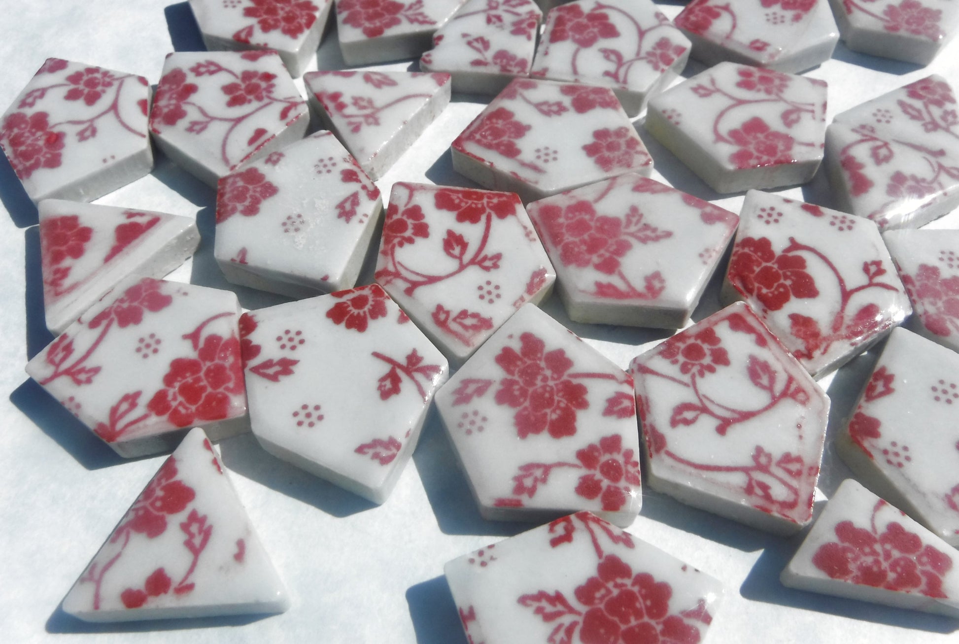 Red and White Dainty Flowers - Chunky Mosaic Porcelain Tiles - Half Pound