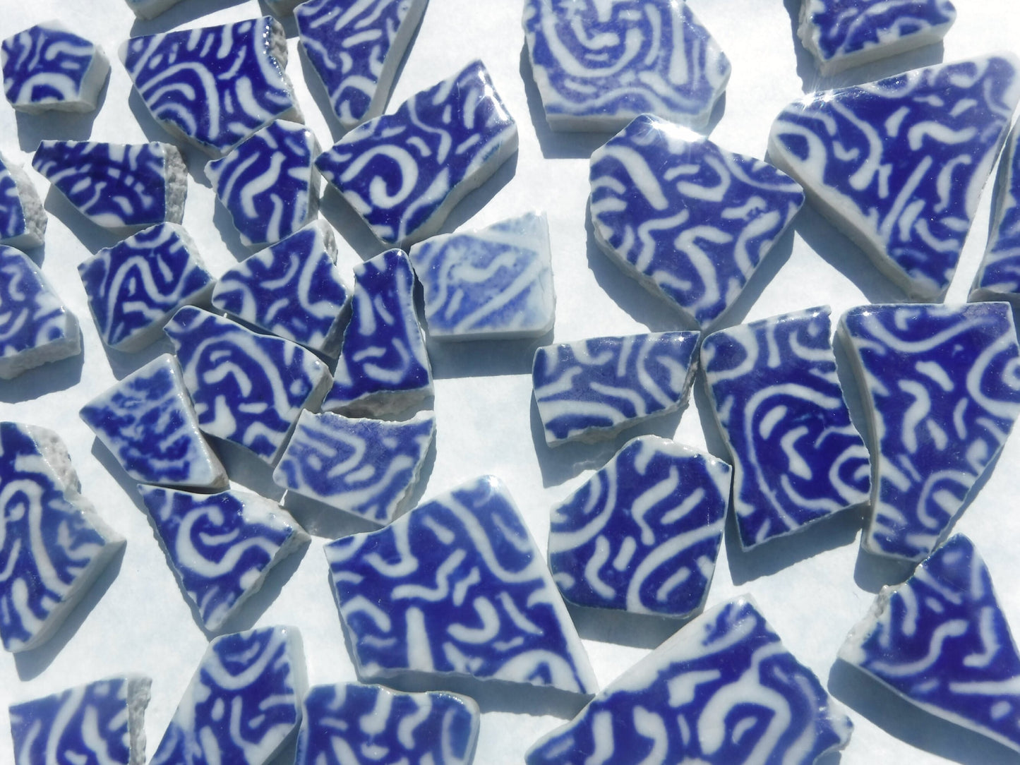 White Squiggles on Deep Blue Chunky Porcelain Mosaic Tiles - Half Pound