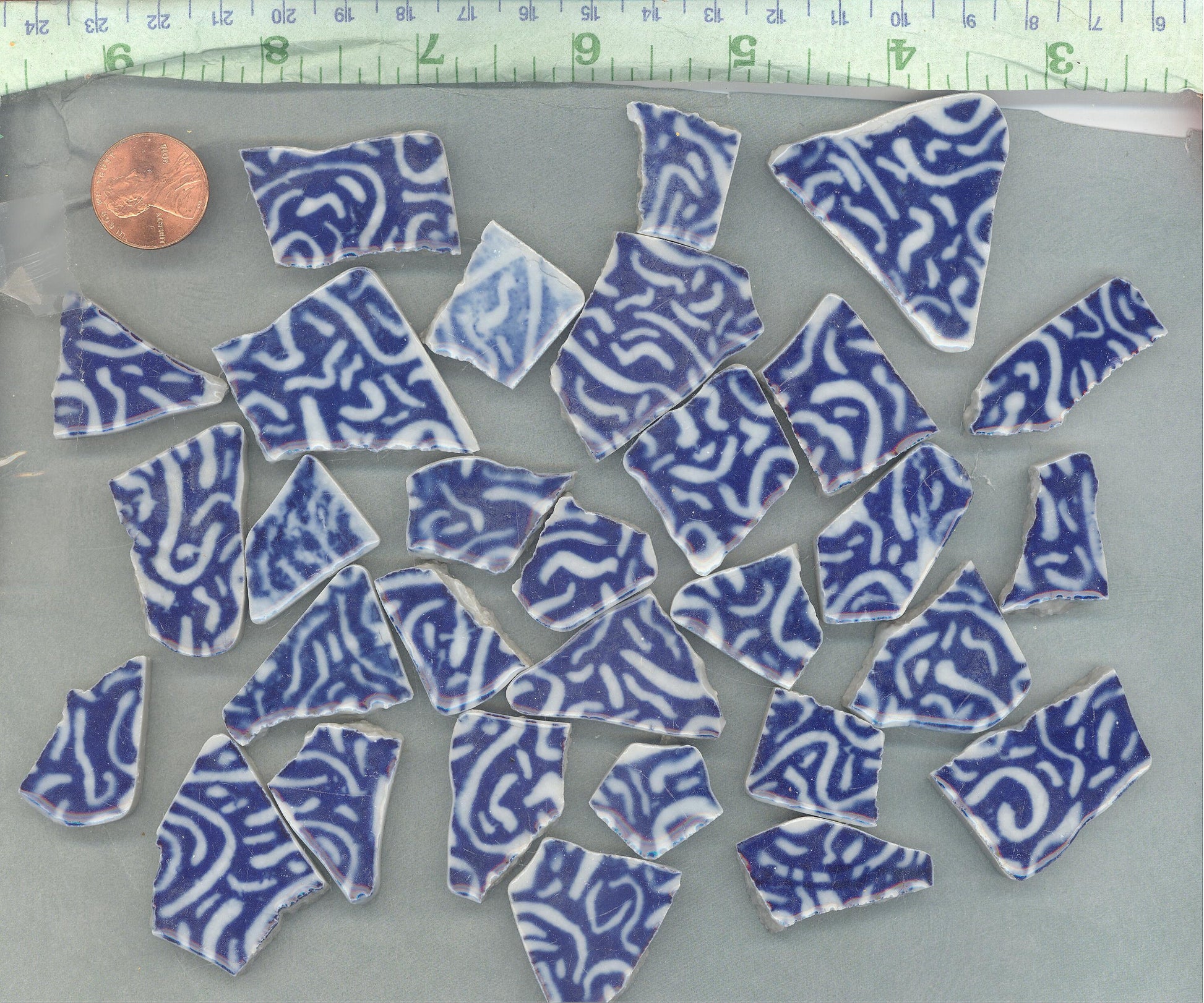 White Squiggles on Deep Blue Chunky Porcelain Mosaic Tiles - Half Pound