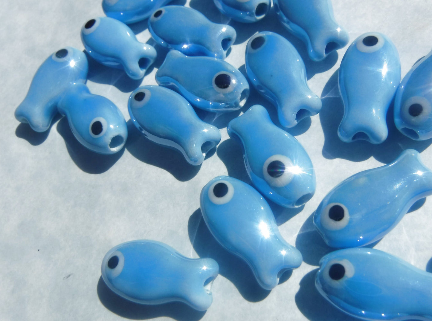 Blue Fish Beads - Ceramic Mosaic Tiles - Small Fish Beads - Jewelry Supplies