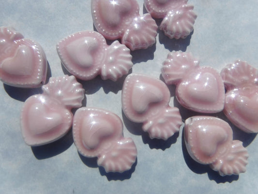 Pink Milagro Heart Beads - Ceramic Mosaic Tiles - Small Sacred Heart Beads - Jewelry Supplies