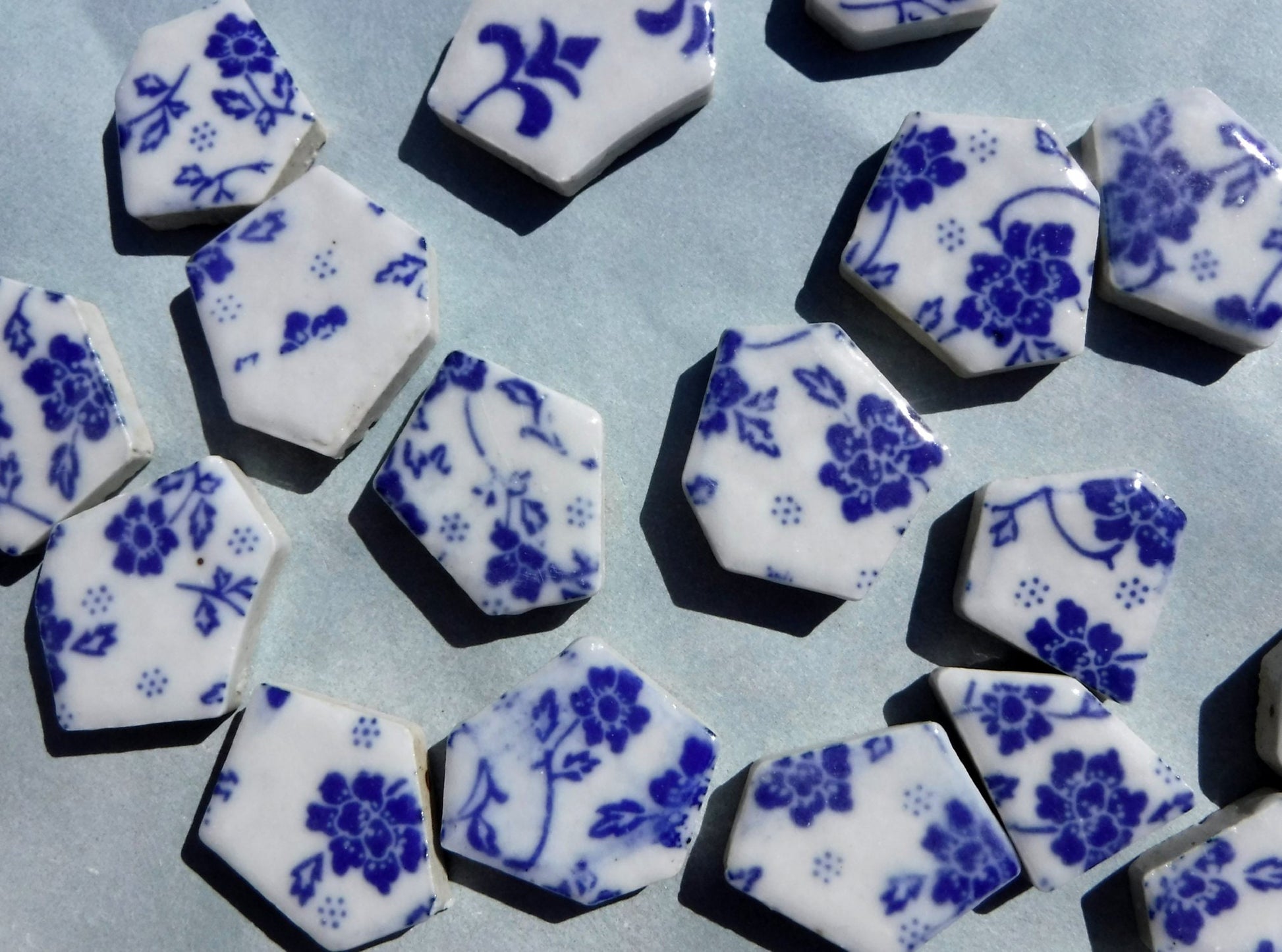 Blue and White Dainty Flowers - Chunky Mosaic Tiles - Half Pound