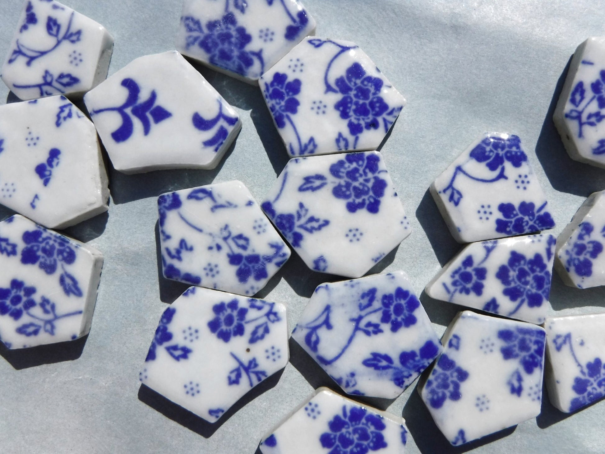 Blue and White Dainty Flowers - Chunky Mosaic Tiles - Half Pound