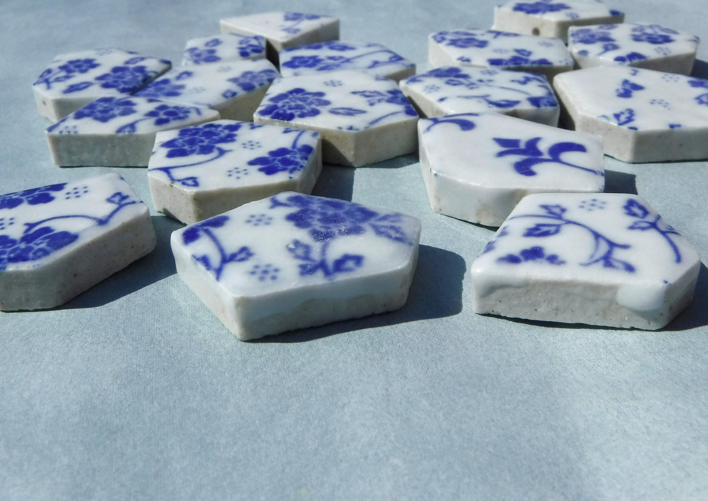 Blue and White Dainty Flowers - Chunky Mosaic Tiles - Half Pound