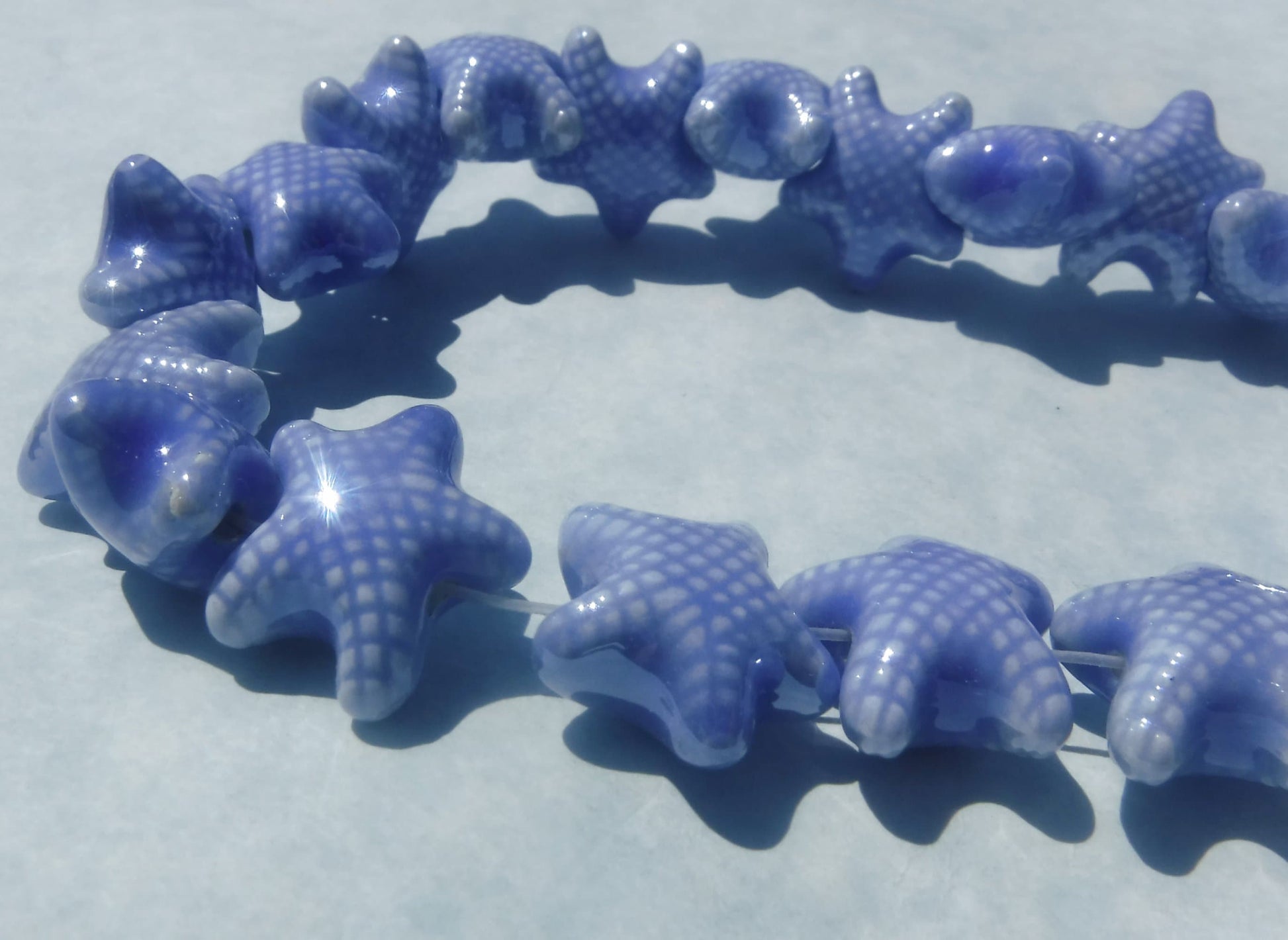 Periwinkle Blue Starfish Beads - Ceramic Mosaic Tiles - 10 Puffy Beads - Sea Stars