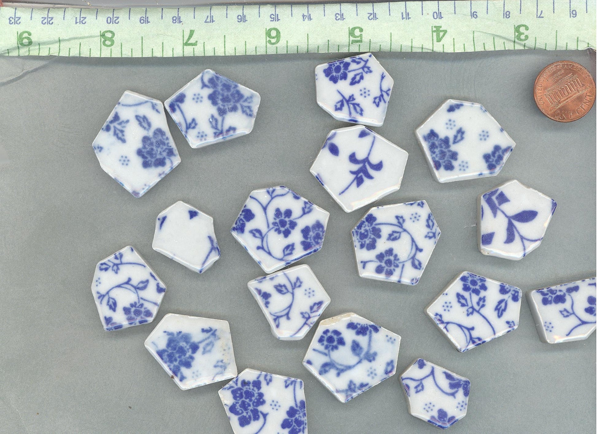 Blue and White Dainty Flowers - Chunky Mosaic Tiles - Half Pound