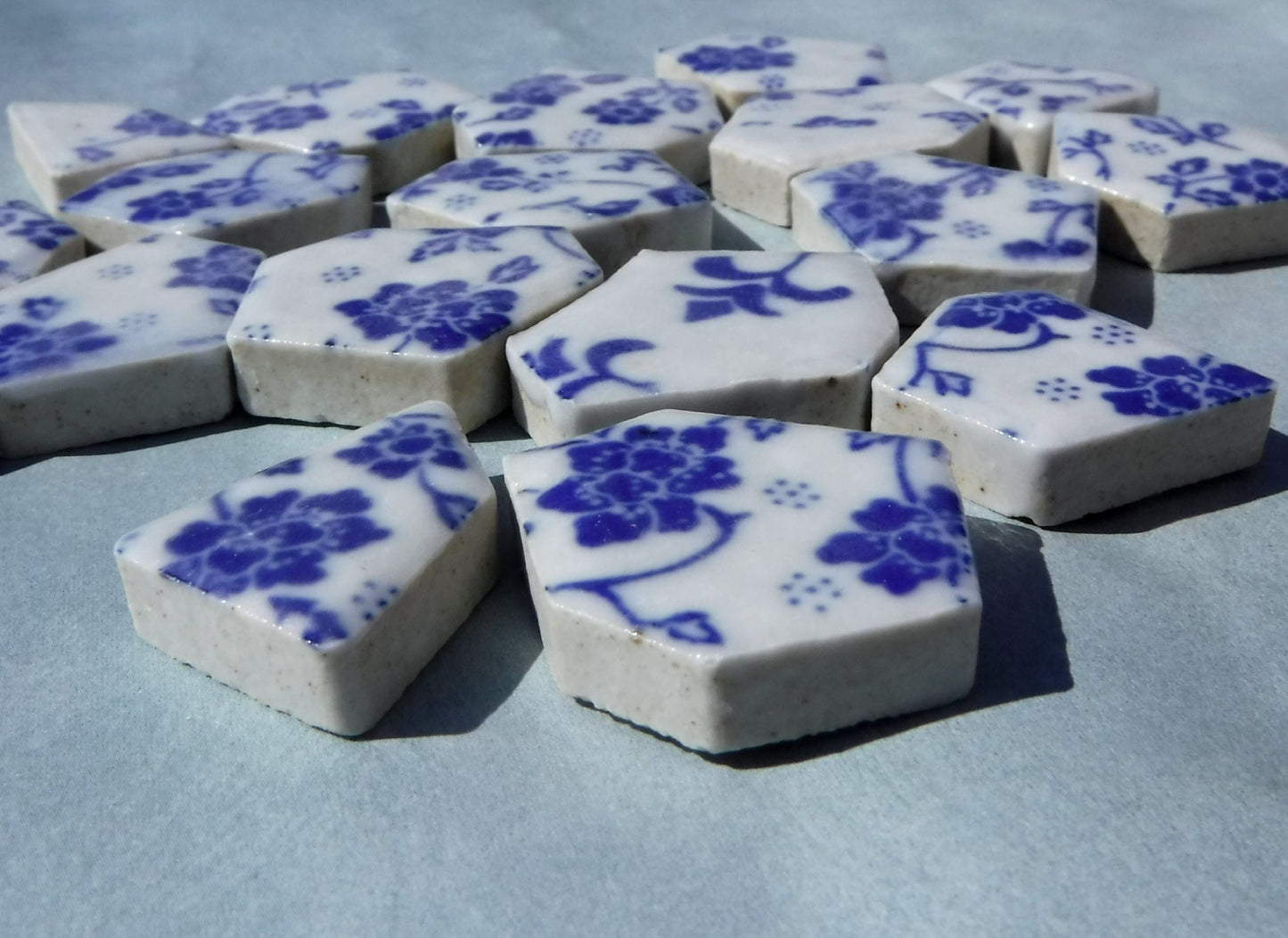 Blue and White Dainty Flowers - Chunky Mosaic Tiles - Half Pound