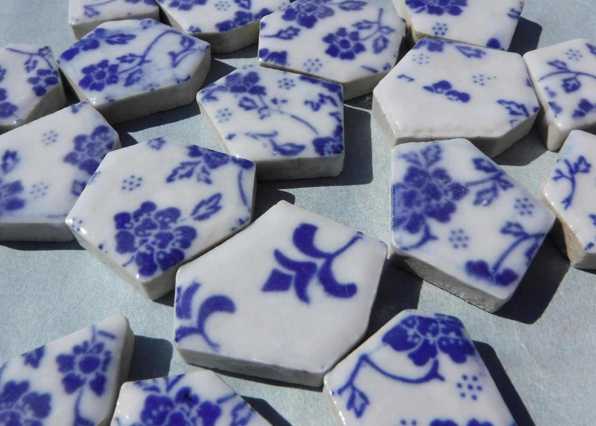 Blue and White Dainty Flowers - Chunky Mosaic Tiles - Half Pound