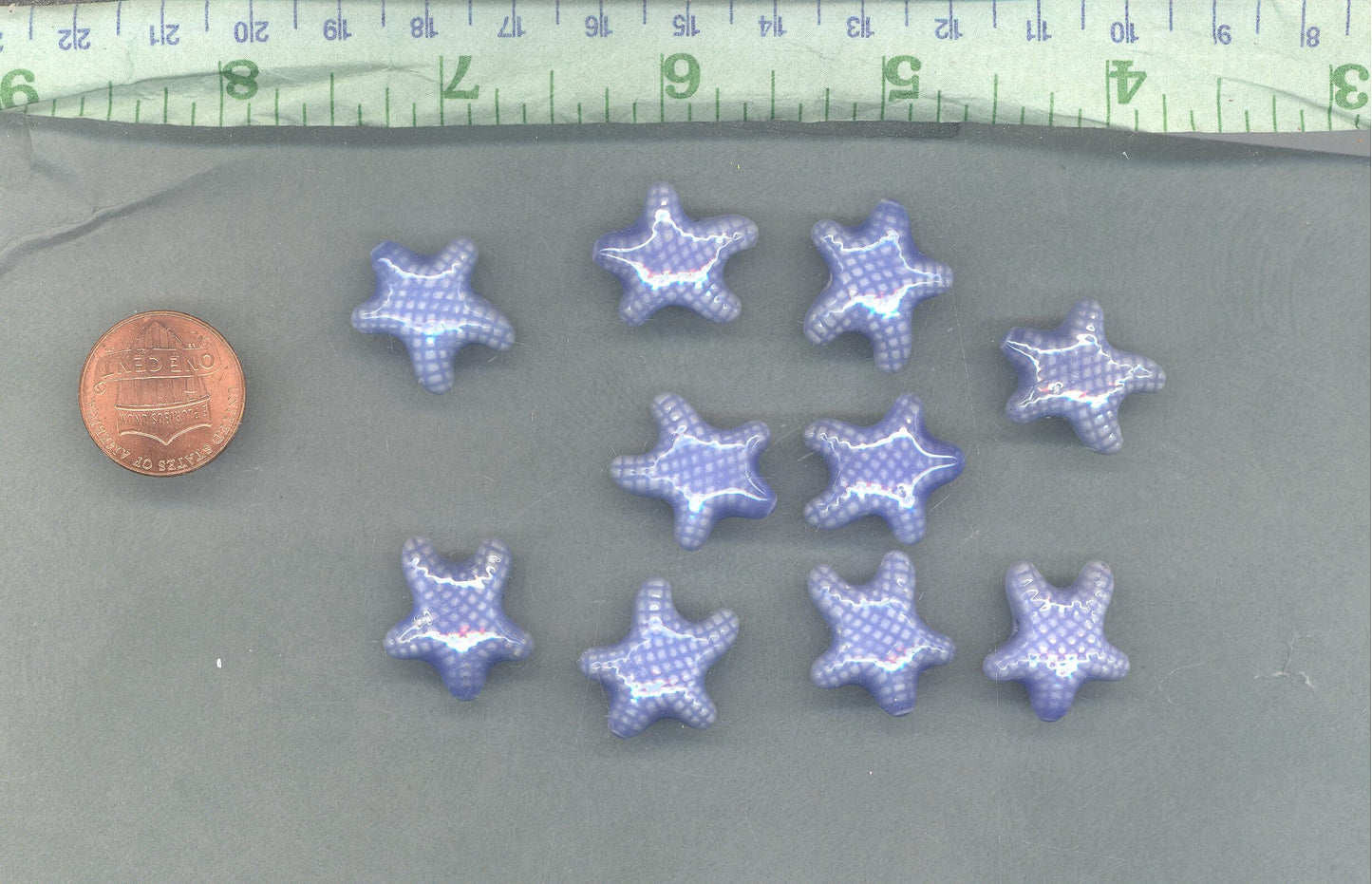 Periwinkle Blue Starfish Beads - Ceramic Mosaic Tiles - 10 Puffy Beads - Sea Stars