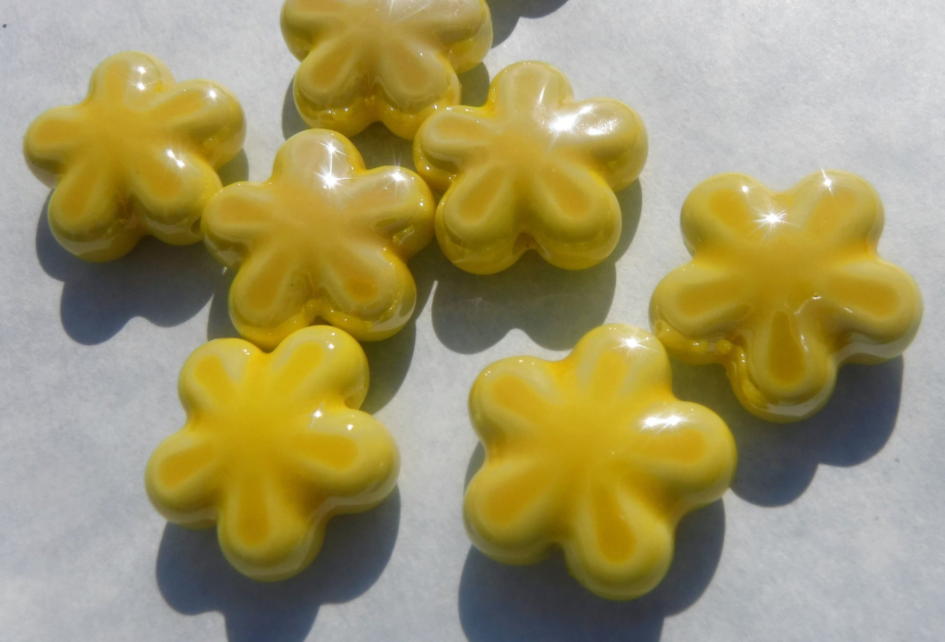 Yellow Flower Beads - 18mm Ceramic Mosaic Tiles - Five Petal Floral Jewelry Supplies