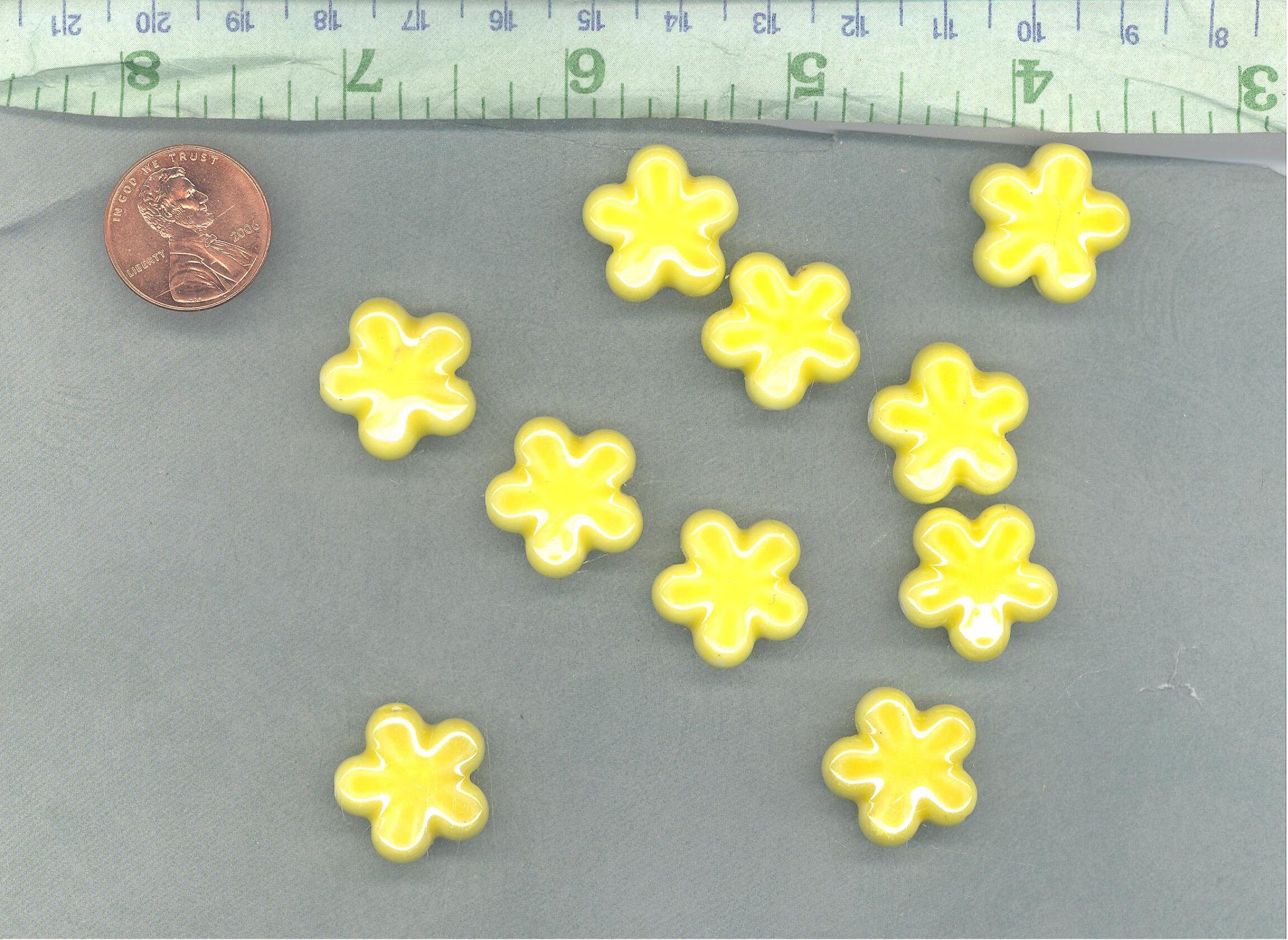 Yellow Flower Beads - 18mm Ceramic Mosaic Tiles - Five Petal Floral Jewelry Supplies