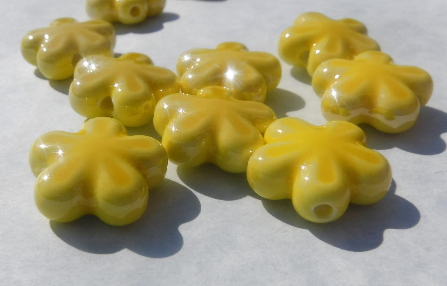 Yellow Flower Beads - 18mm Ceramic Mosaic Tiles - Five Petal Floral Jewelry Supplies