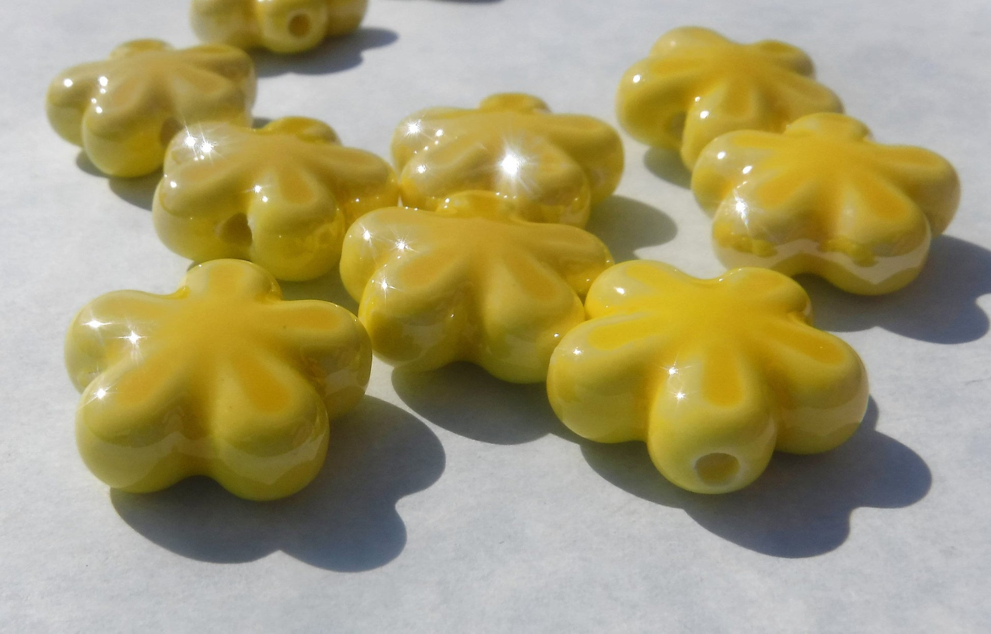 Yellow Flower Beads - 18mm Ceramic Mosaic Tiles - Five Petal Floral Jewelry Supplies