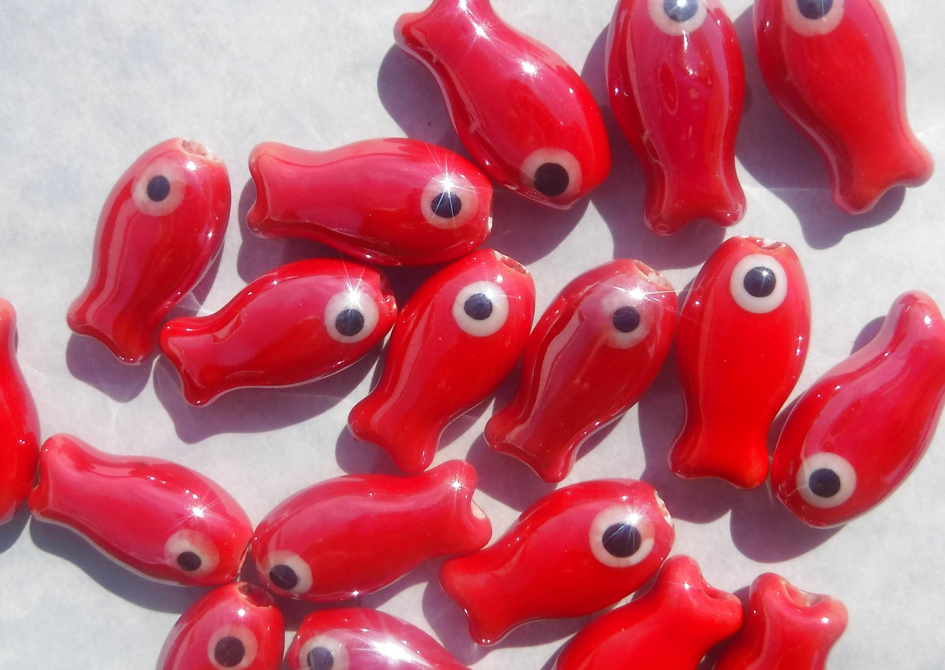 Red Fish Beads - Ceramic Mosaic Tiles - Small Fish Beads - Jewelry Supplies