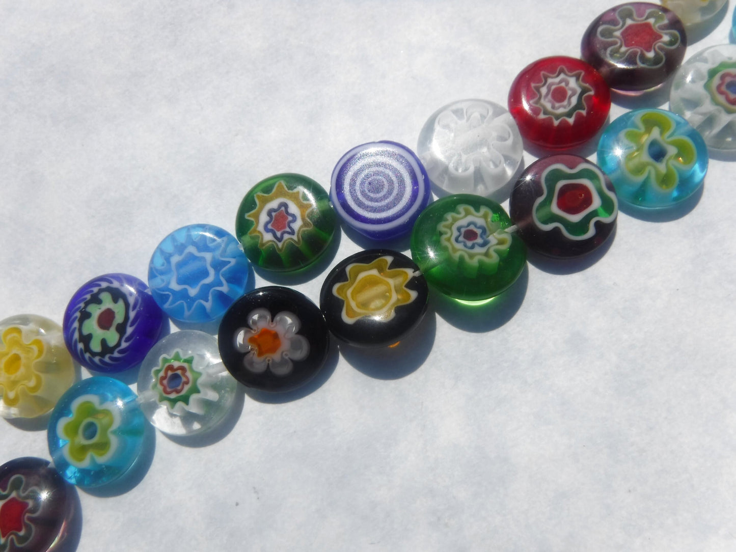 Millefiori Glass Beads - Flat Round Assorted Colors in Mix of Opaque and Translucent - 12mm Use in Mosaics - Approx 30 beads