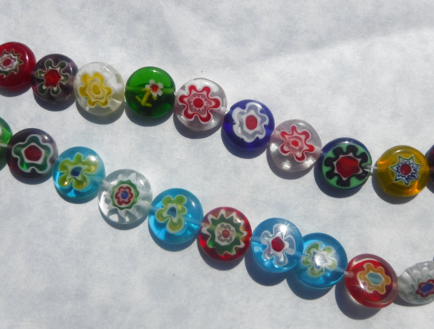 Millefiori Glass Beads - Flat Round Assorted Colors in Mix of Opaque and Translucent - 12mm Use in Mosaics - Approx 30 beads