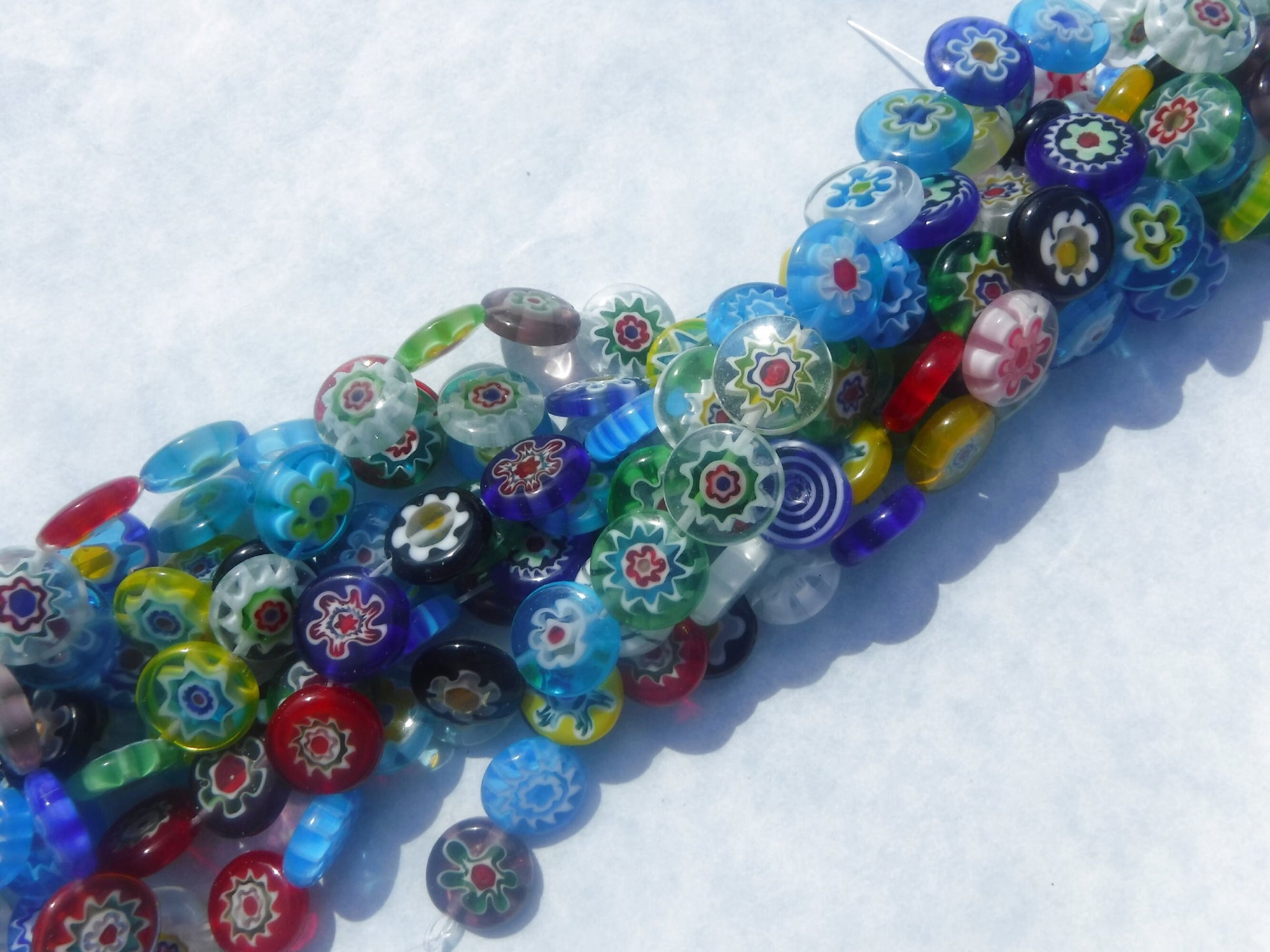 Millefiori Glass Beads - Flat Round Assorted Colors in Mix of Opaque and Translucent - 12mm Use in Mosaics - Approx 30 beads