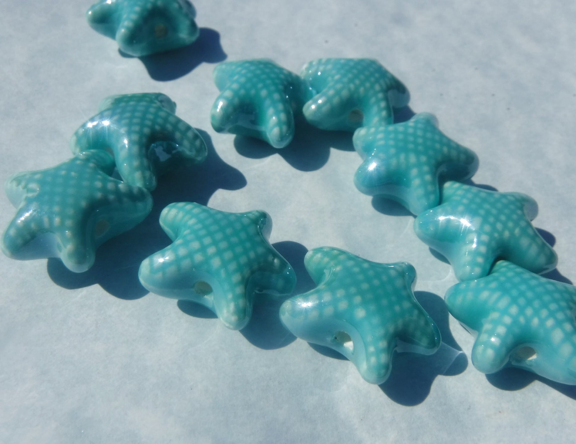 Aqua Starfish Beads - Ceramic Mosaic Tiles - 10 Puffy Beads - Sea Stars in Light Teal