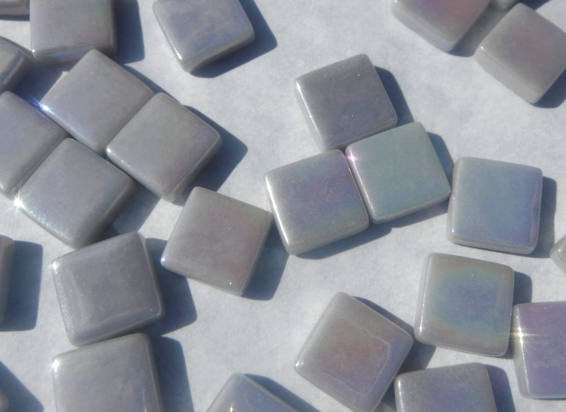 Pale Gray Iridescent Glass Square Mosaic Tiles - 12mm Opaque Glass Solid Color - 50g - Approx 35 Tiles