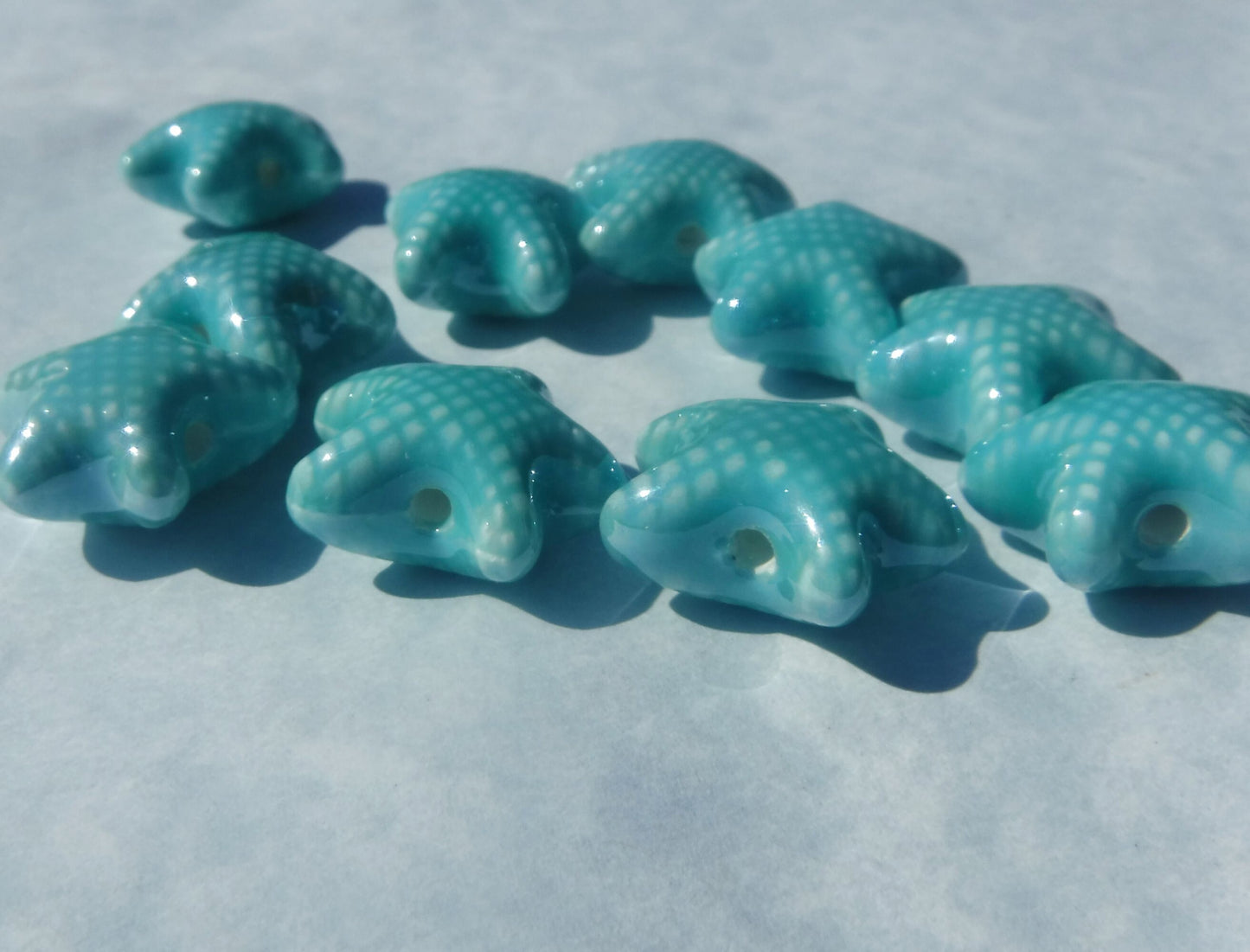 Aqua Starfish Beads - Ceramic Mosaic Tiles - 10 Puffy Beads - Sea Stars in Light Teal