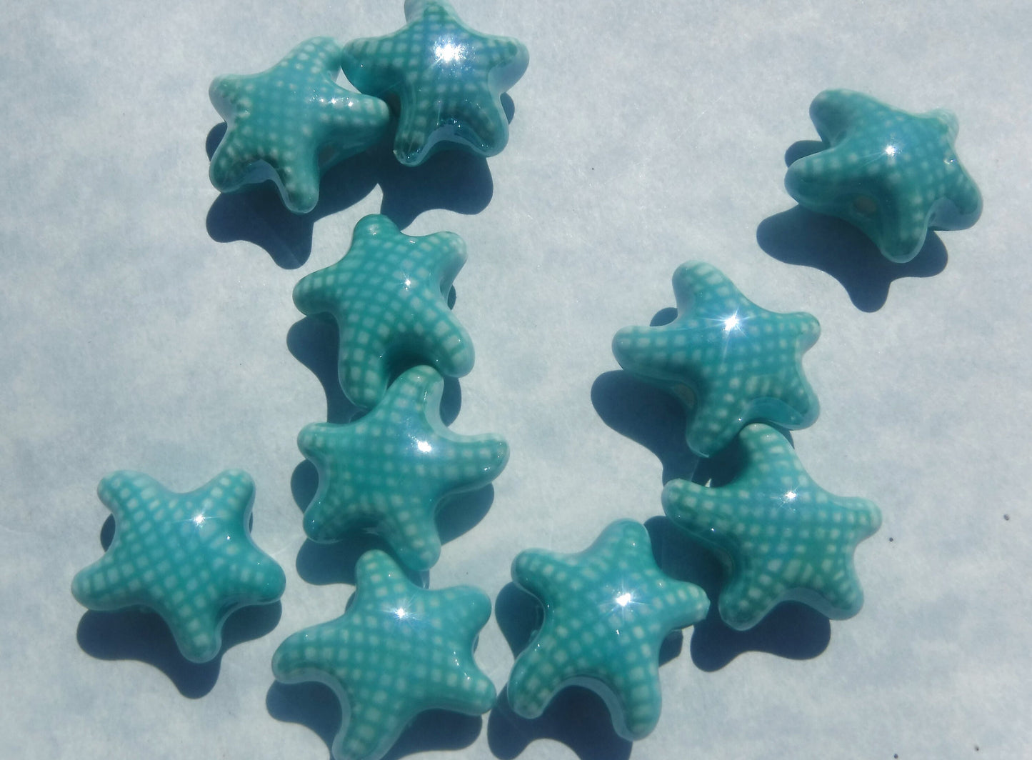 Aqua Starfish Beads - Ceramic Mosaic Tiles - 10 Puffy Beads - Sea Stars in Light Teal