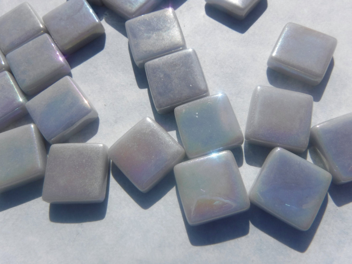 Pale Gray Iridescent Glass Square Mosaic Tiles - 12mm Opaque Glass Solid Color - 50g - Approx 35 Tiles