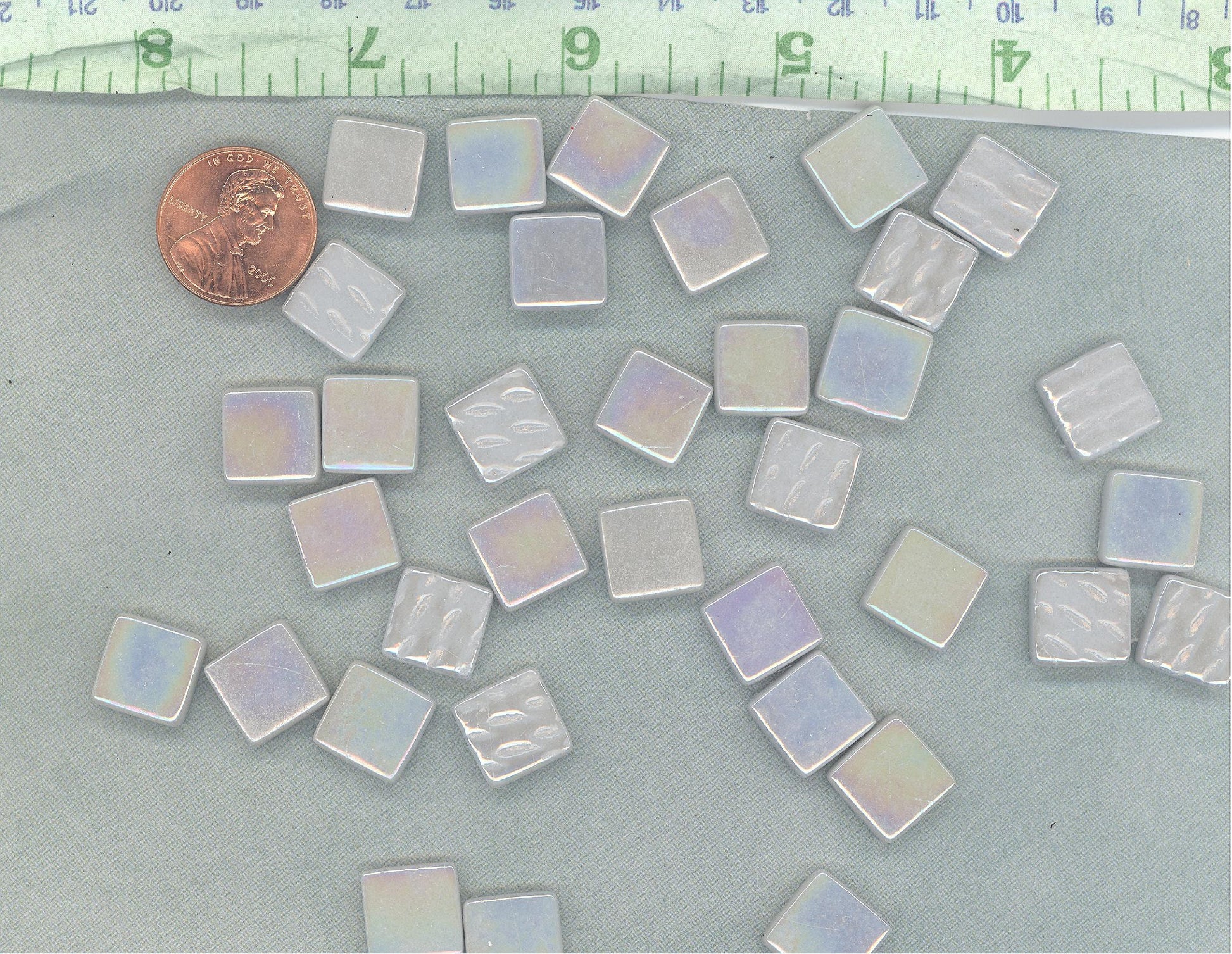 Pale Gray Iridescent Glass Square Mosaic Tiles - 12mm Opaque Glass Solid Color - 50g - Approx 35 Tiles