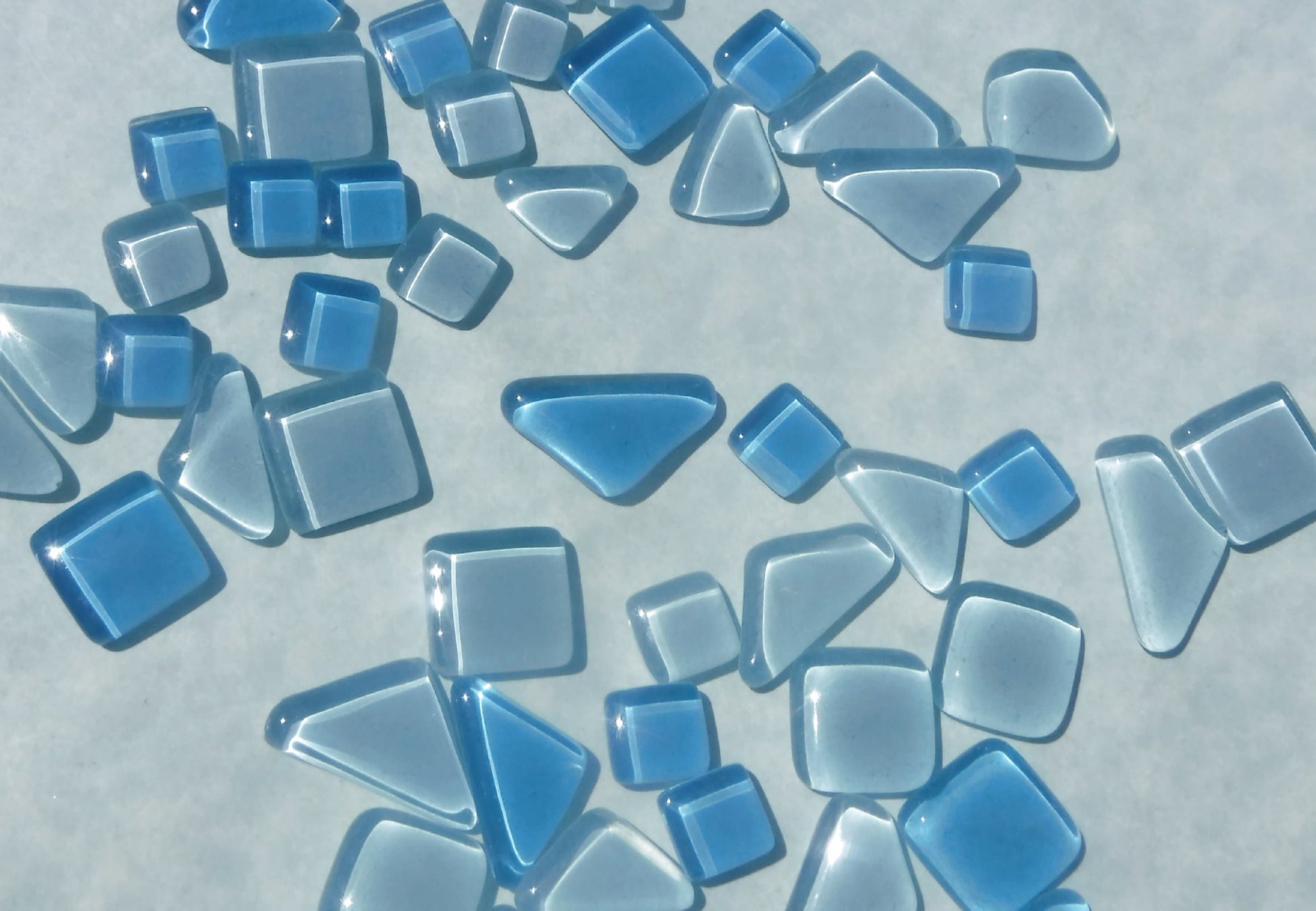 Water Hyacinth Glass Puzzle Tiles - Assorted Shapes - 100 grams Mosaic Tiles Glass in Light and Dark Blues - Approx 30 Tiles