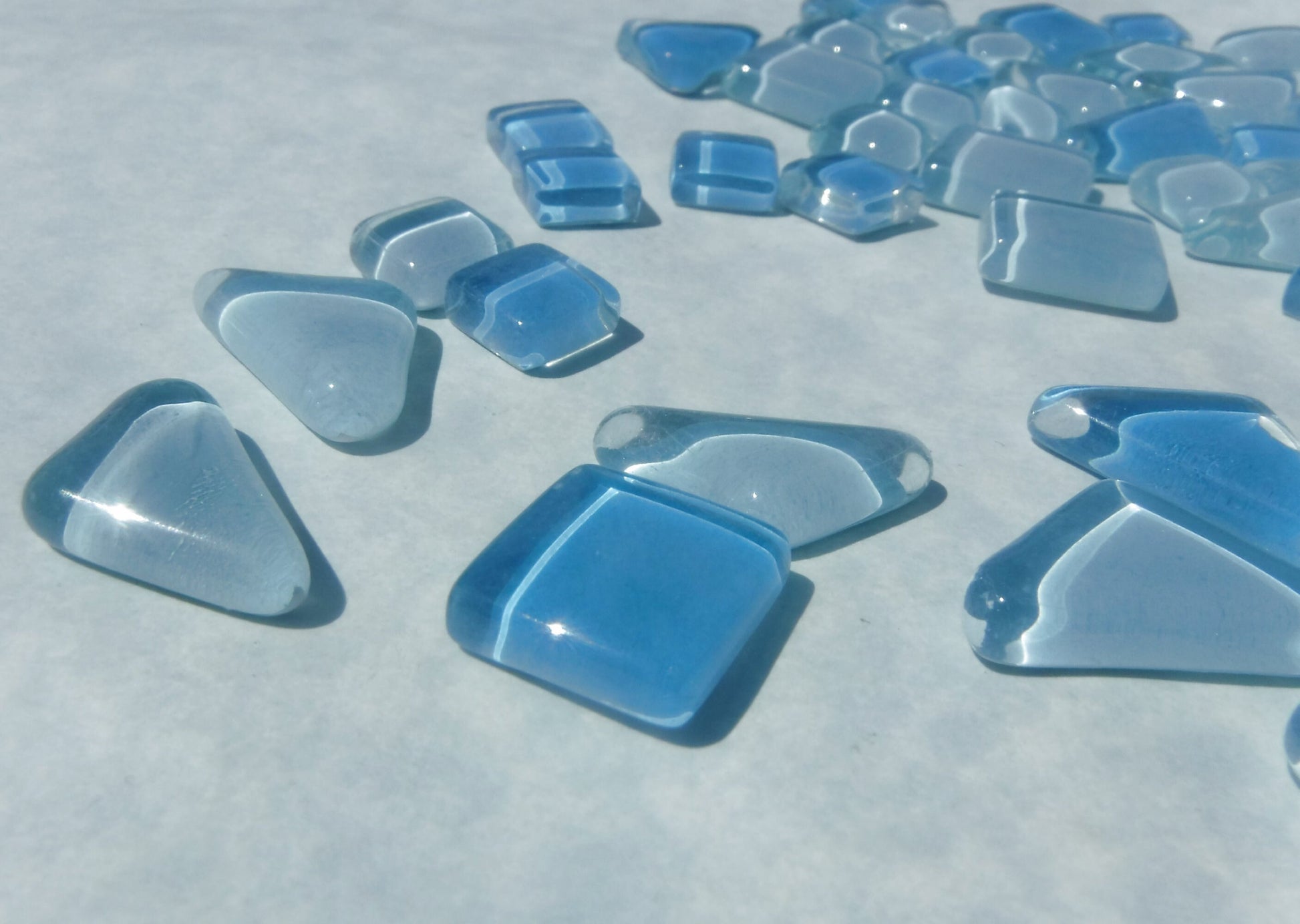 Water Hyacinth Glass Puzzle Tiles - Assorted Shapes - 100 grams Mosaic Tiles Glass in Light and Dark Blues - Approx 30 Tiles