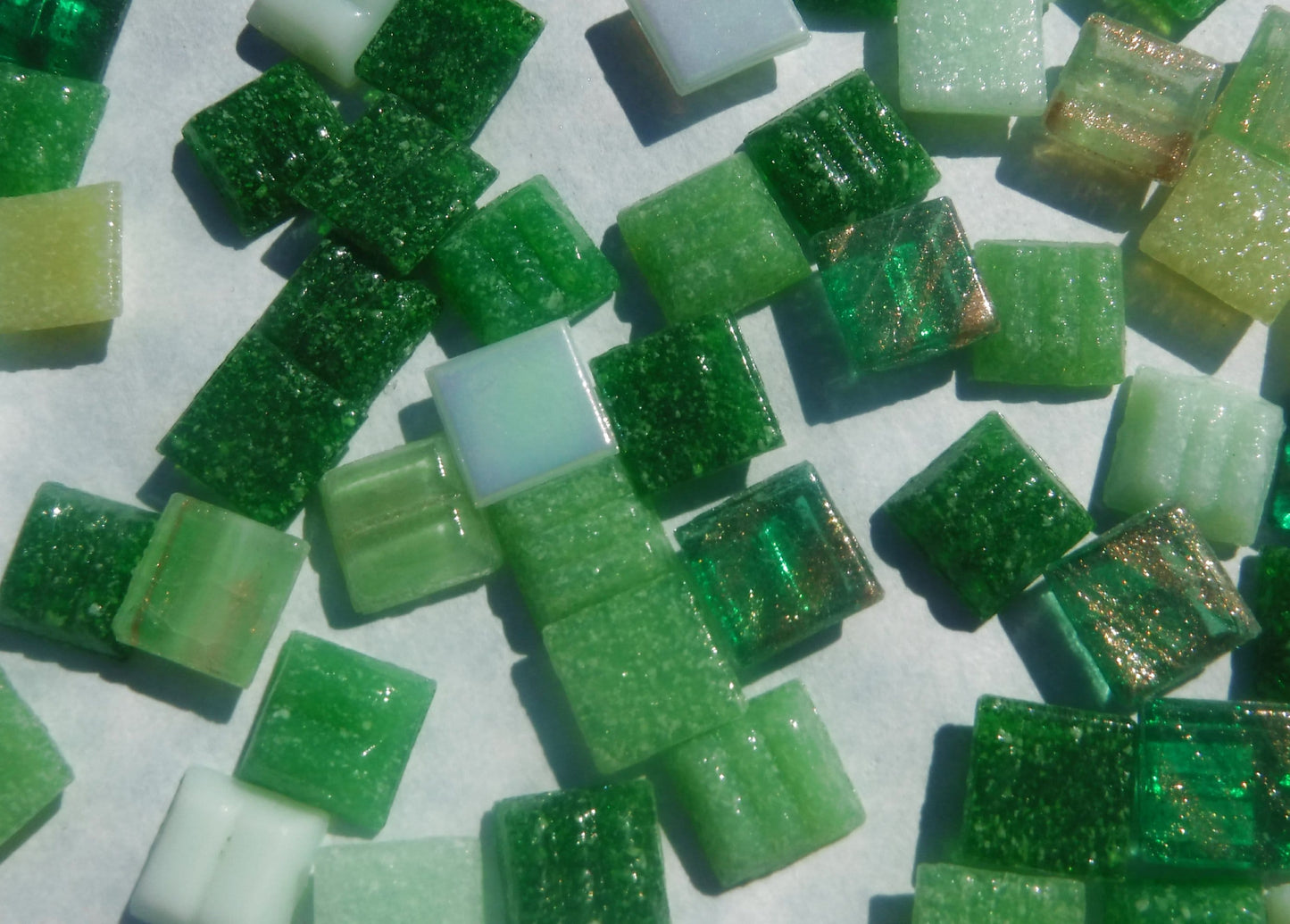 Green Mix Glass Mosaic Tiles Squares - 1 cm - 100g of Venetian and Vitreous Glass in Fertile Crescent Assortment - Approx 140 Tiles