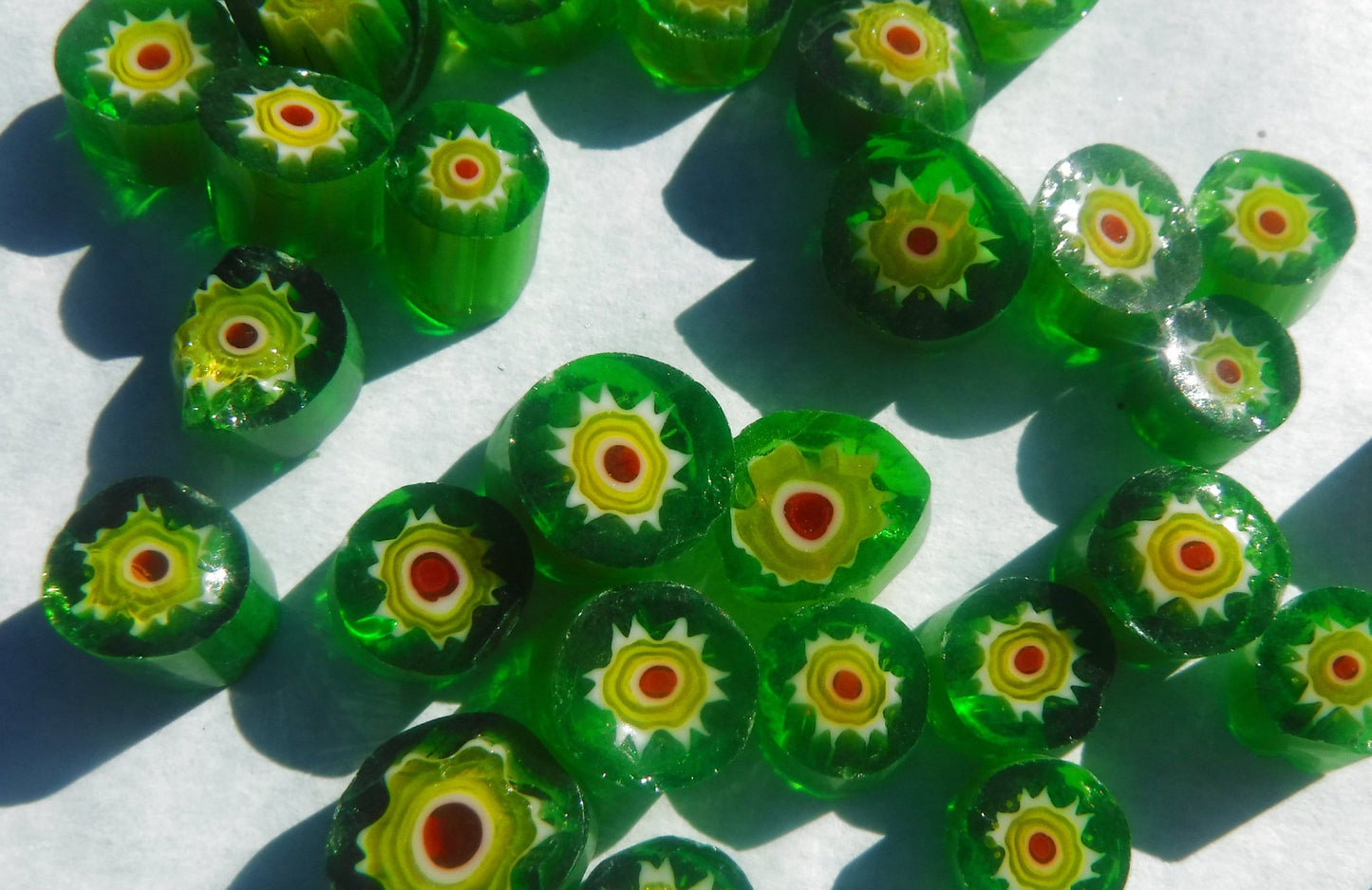 Green and Yellow with Red Millefiori - 25 grams - Unique Mosaic Glass Tiles