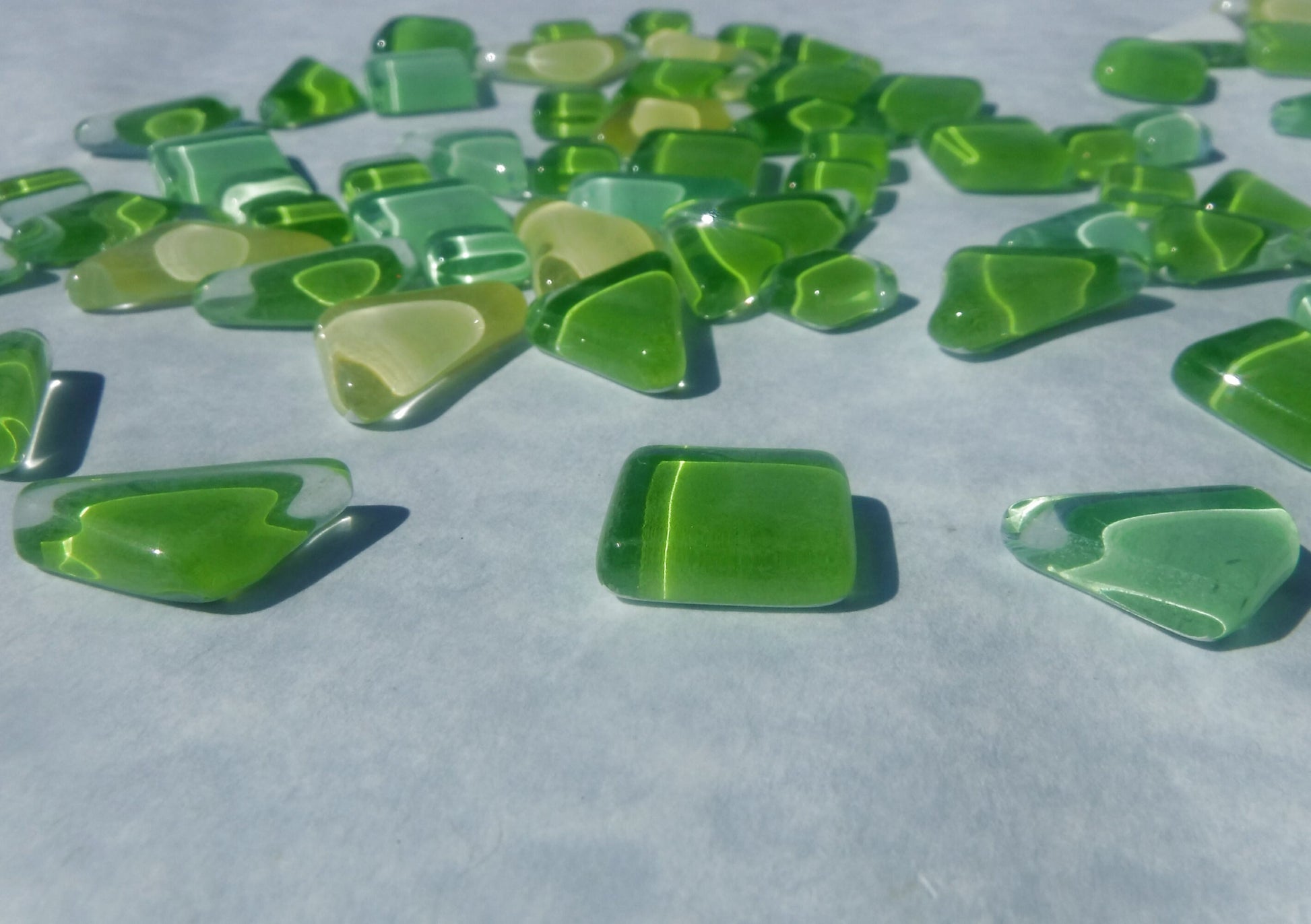 Hosta Green Glass Puzzle Tiles - Assorted Shapes and Colors - 100 grams Mosaic Tiles - Approx 30 Tiles