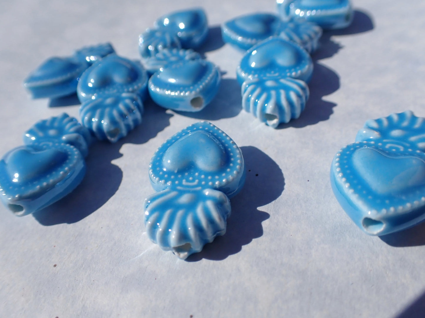 Medium Blue Milagro Heart Beads - Ceramic Mosaic Tiles - Small Sacred Heart Beads - Jewelry Supplies