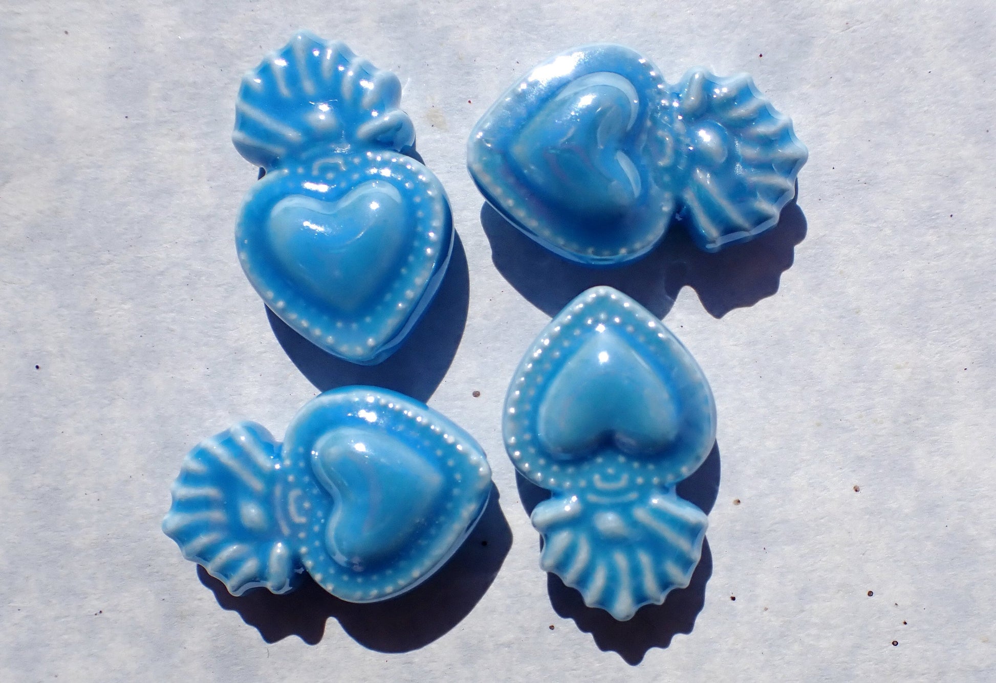 Medium Blue Milagro Heart Beads - Ceramic Mosaic Tiles - Small Sacred Heart Beads - Jewelry Supplies