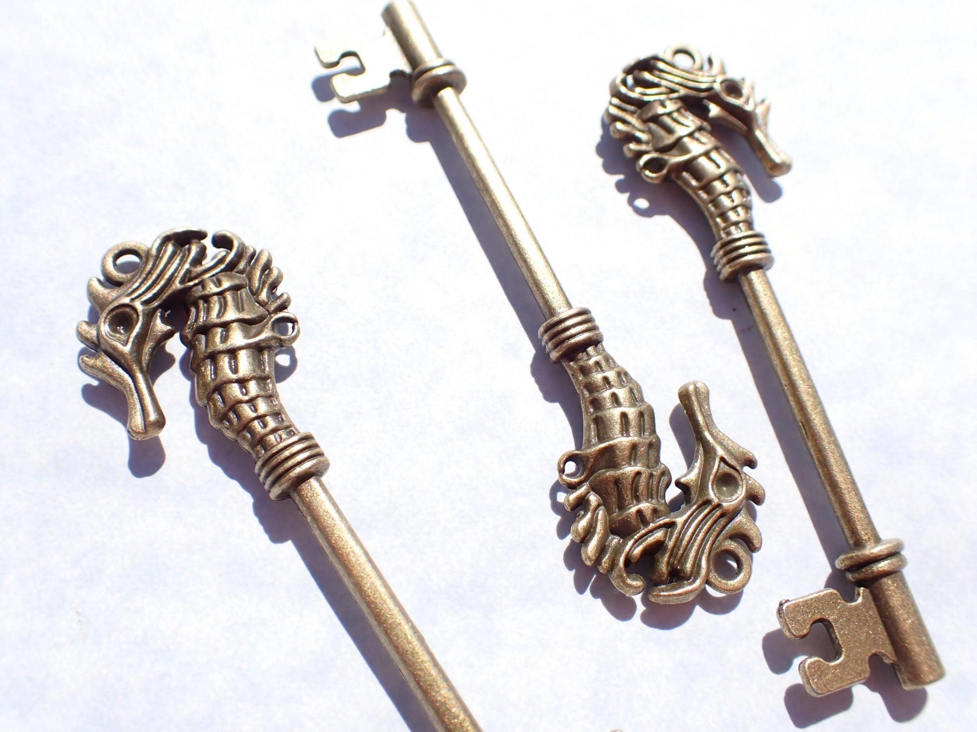 Seahorse Keys - Set of 2 New Bronze Toned Skeleton Keys Charms for Mosaics Mixed Media Art Jewelry