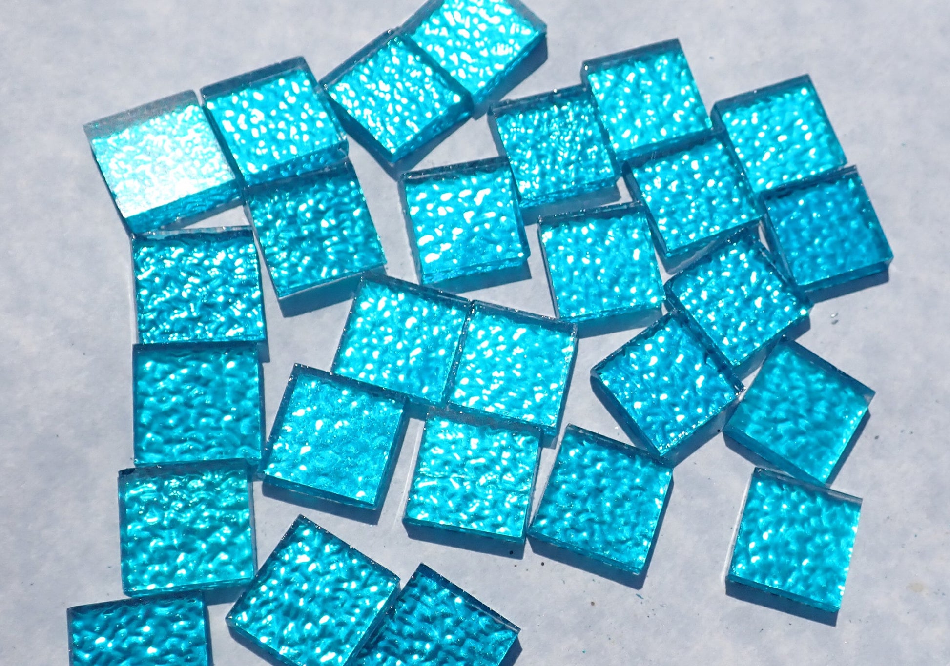 Blue Textured Mirror Square Tiles - 50g - Approx 25 Glass Mosaic Tiles - 15mm