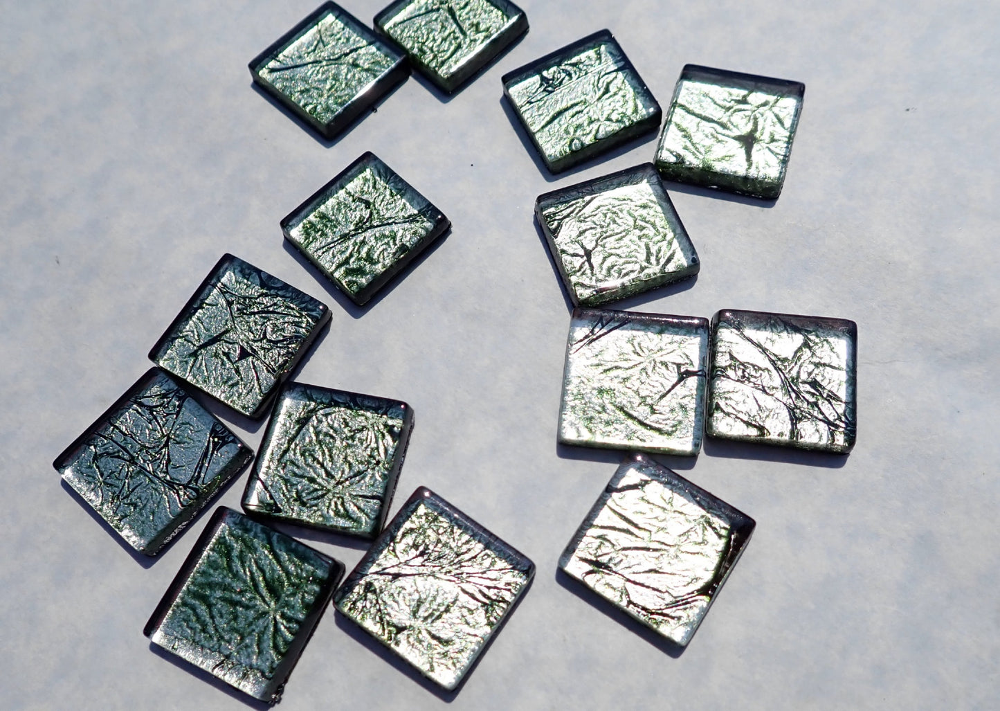 Dark Emerald Green Foil Square Tiles - 25 Glass Mosaic Tiles - 20mm