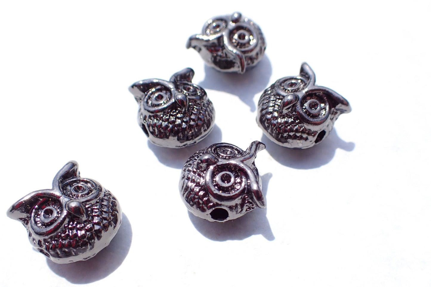 Gunmetal Owl Beads - Dark Silver-Toned 11mm Round Puffy - 10 Beads